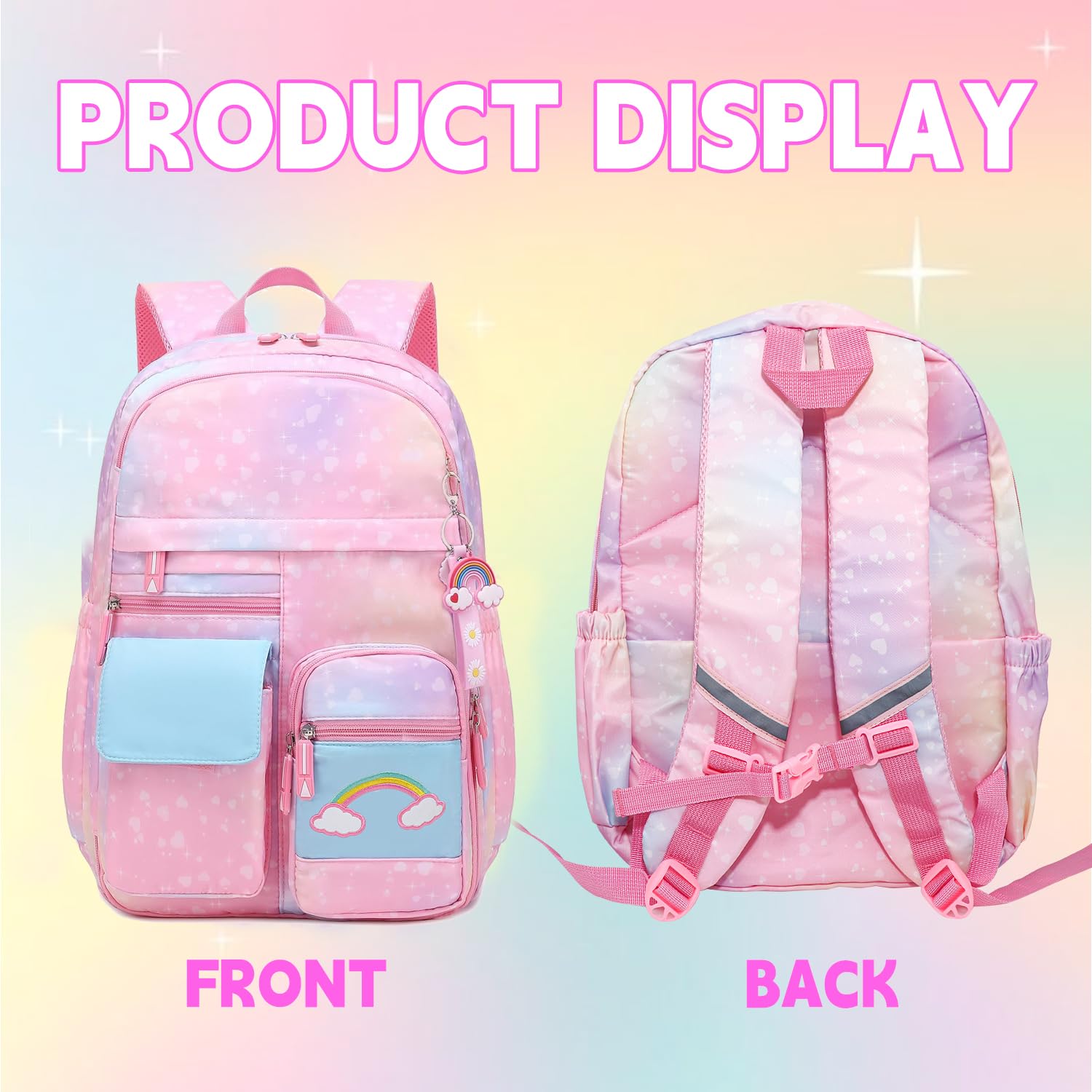 **Rainbow School Backpack for Girls - Cute Medium Pink Bookbag with Laptop Compartment for Travel, Class & Daily Use**