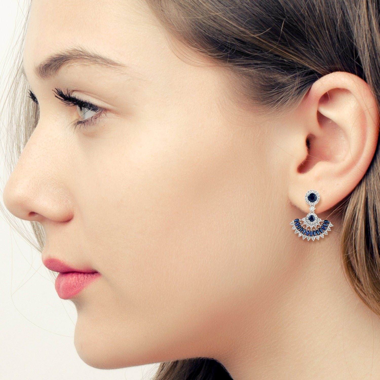 Exquisite Marquise Cut Blue Sapphire & Diamond Pave Fan Dangle Earrings in 18K White Gold | Elegant Jewelry for Weddings, Parties & Special Occasions
