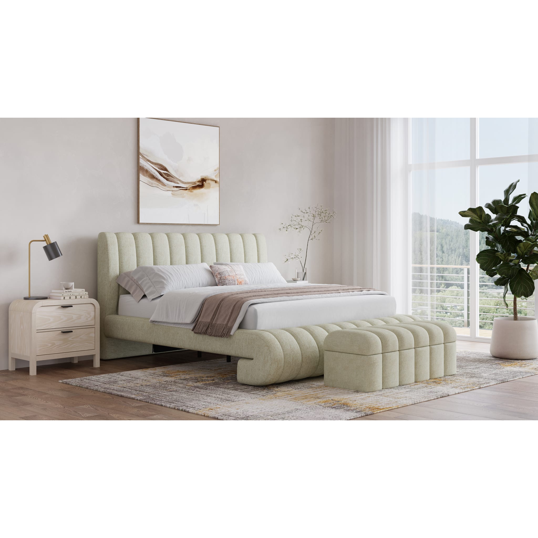 Savage Maximalist Upholstered Bed Frame - Queen Size Sandy Chenille Fabric Headboard - Luxurious Bedroom Furniture for Modern Home Decor