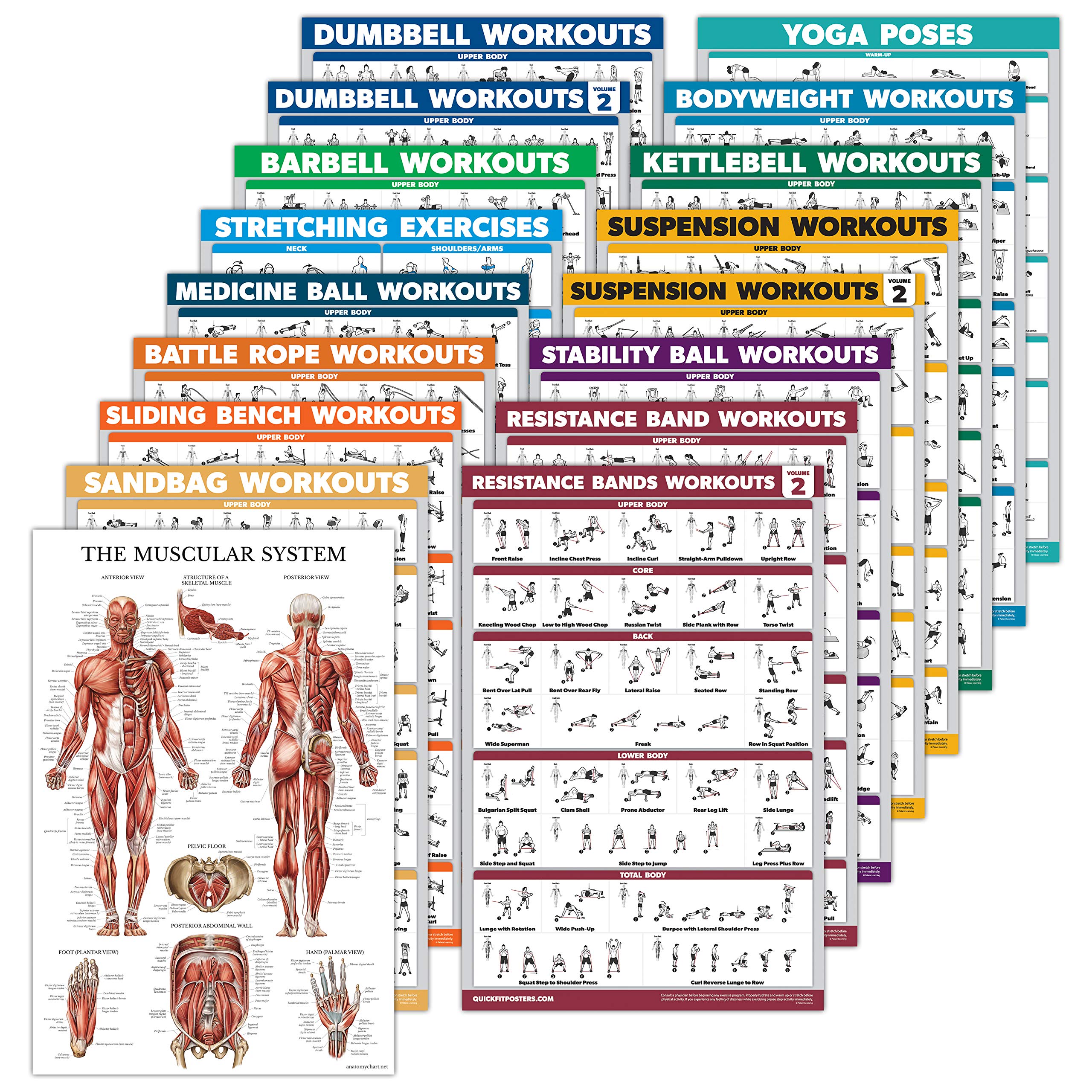 17 Pack Exercise Workout Poster Set - Dumbbell, Suspension, Kettlebell, Medicine Ball & More | Home Gym, Fitness Studio & Personal Training Visual Guides