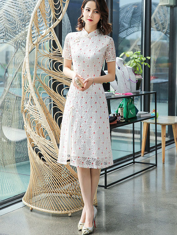 Elegant Floral Lace A-Line Midi Cheongsam Dress | Vintage Chinese Qipao Style | Perfect for Weddings, Parties & Special Occasions