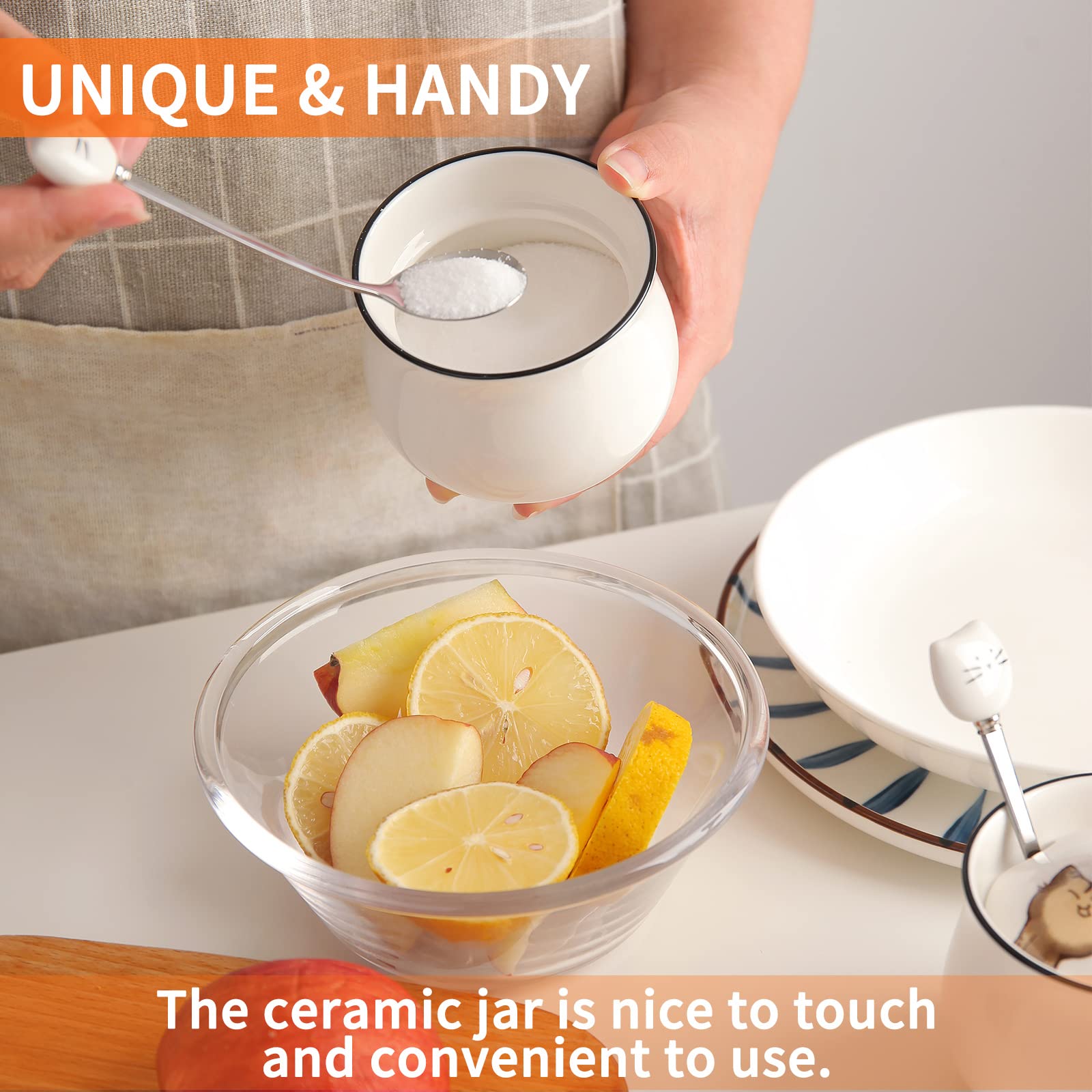 Premium Ceramic Sugar Bowls Set with Lids & Spoons - 8.1oz/240ml White Condiment Jars for Salt, Pepper & Seasonings - Includes Bamboo Tray - Perfect for Kitchen, Dining Table & Coffee Bar Organization