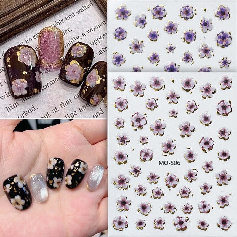 Golden Border Flowers 3D Nail Stickers - Self-Adhesive Nail Art Decals for Women, DIY Manicure Designs - Perfect for Parties, Weddings & Special Occasions