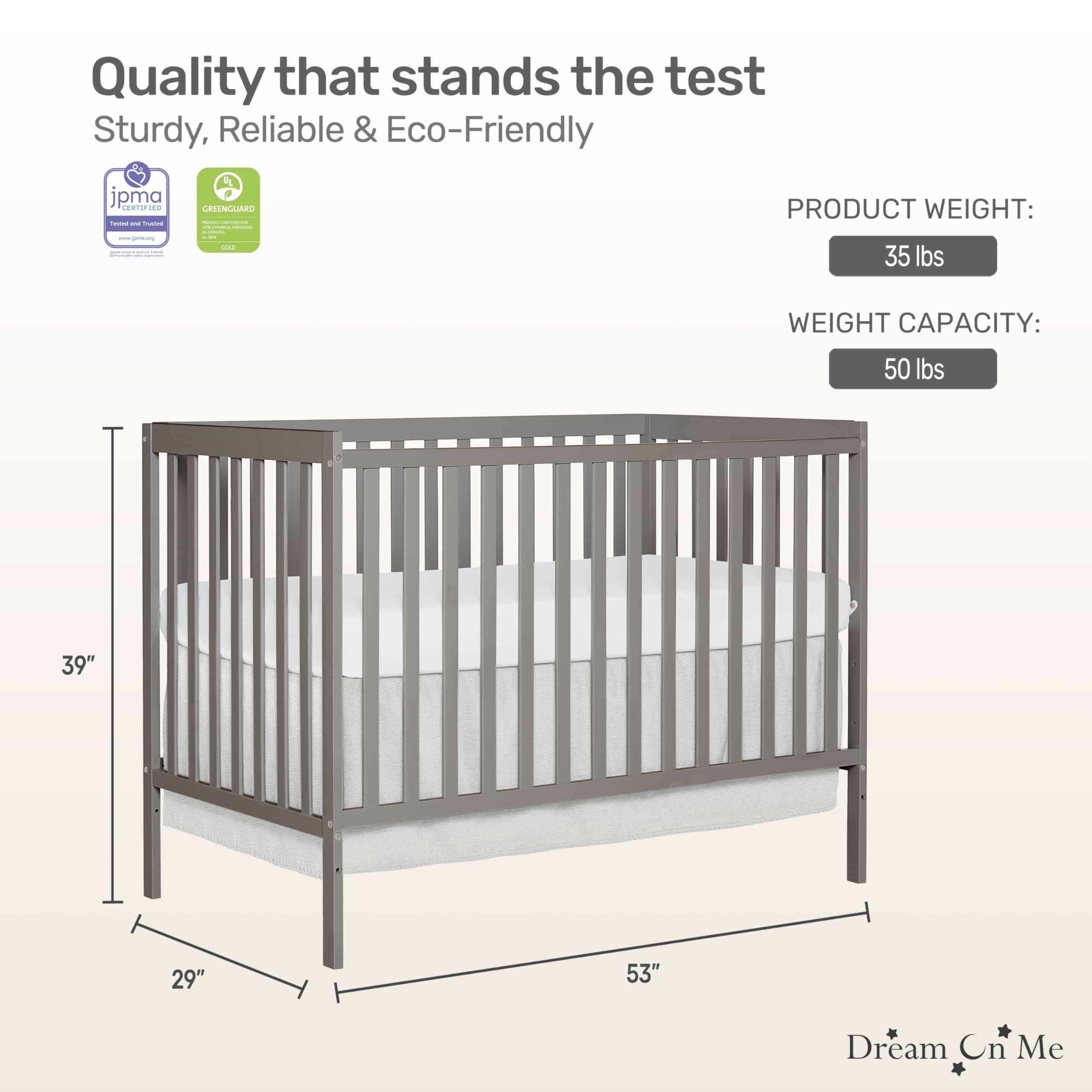 Dream On Me Synergy 5-in-1 Convertible Crib - Cool Grey | JPMA & Greenguard Gold Certified | Solid Reclaimed New Zealand Pine Wood | 3 Adjustable Mattress Heights | Perfect for Nursery, Bedroom & Daycare Use