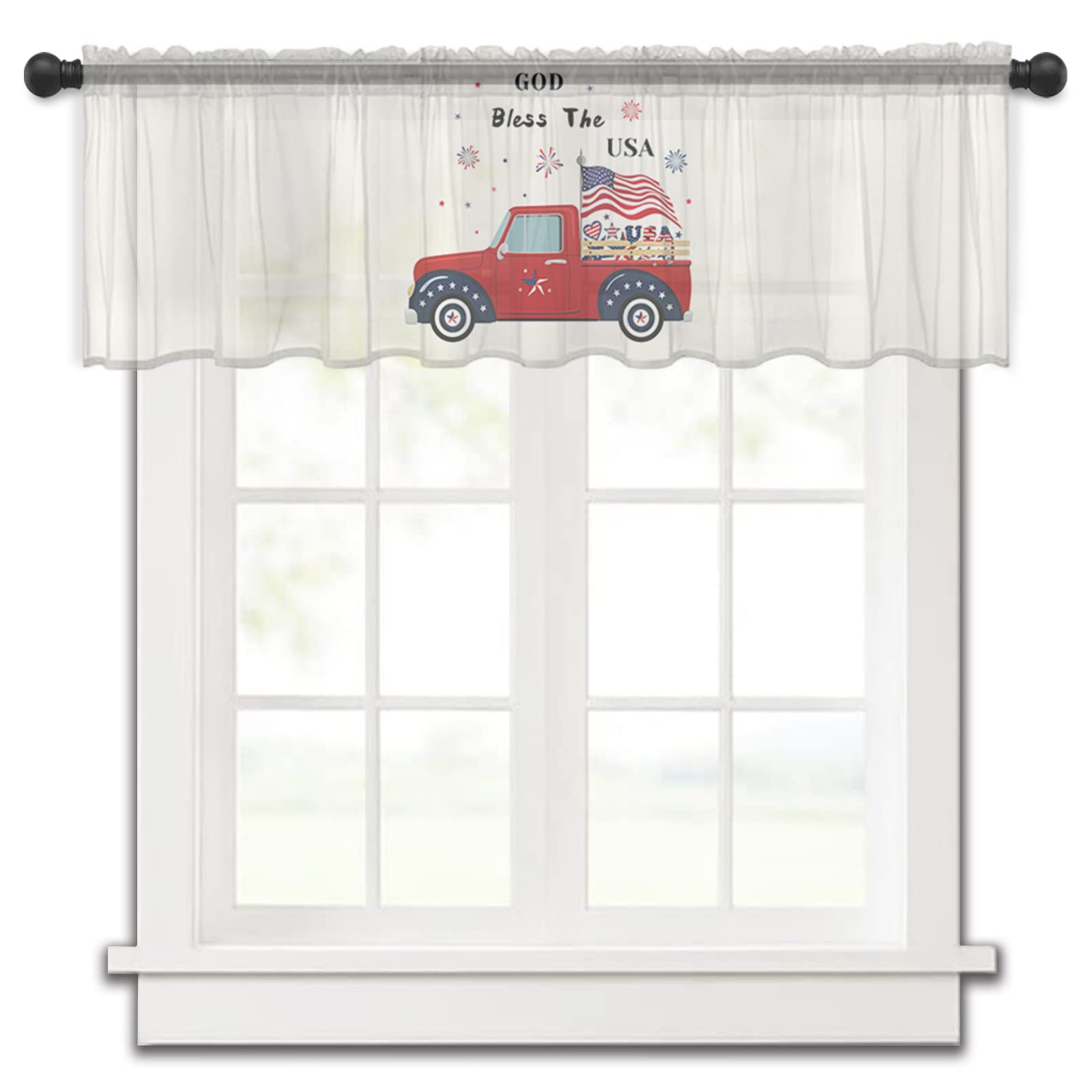 American Flag Fireworks Window Valances - Sheer Rod Pocket Valance Curtains for Kitchen & Bedroom (54x18 Inch) - Farmhouse Style Independence Day Decor, Soft Window Treatment for Small Windows - Perfect for Patriotic Home Decor & Holiday Celebrations