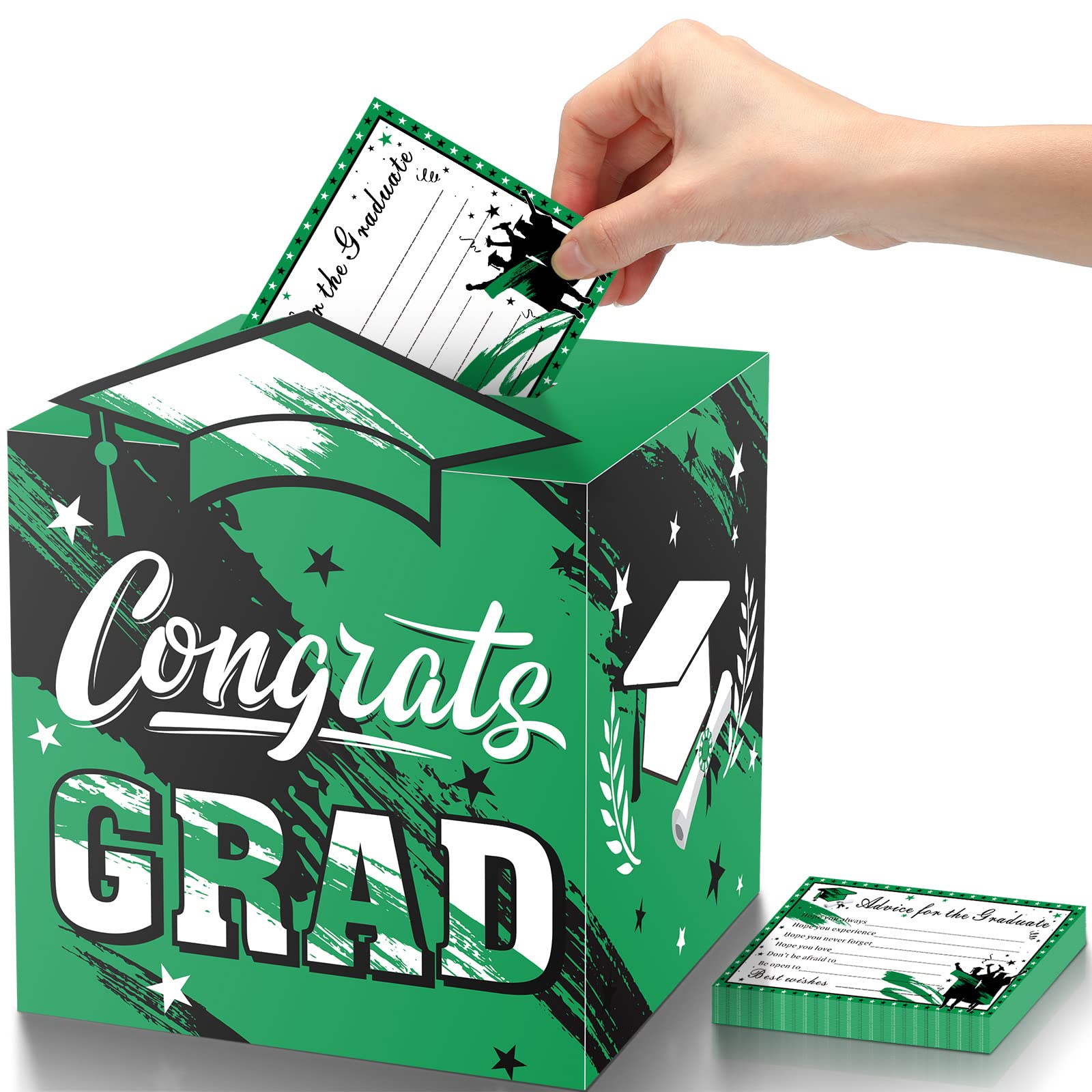 2024 Graduation Party Supplies Set - Black & Green Graduation Card Box with 30 Pcs Wish Cards | Congrats Grad Card Holder | School Graduation Decorations | Perfect for High School & College Graduation Ceremonies, Parties & Photo Booths