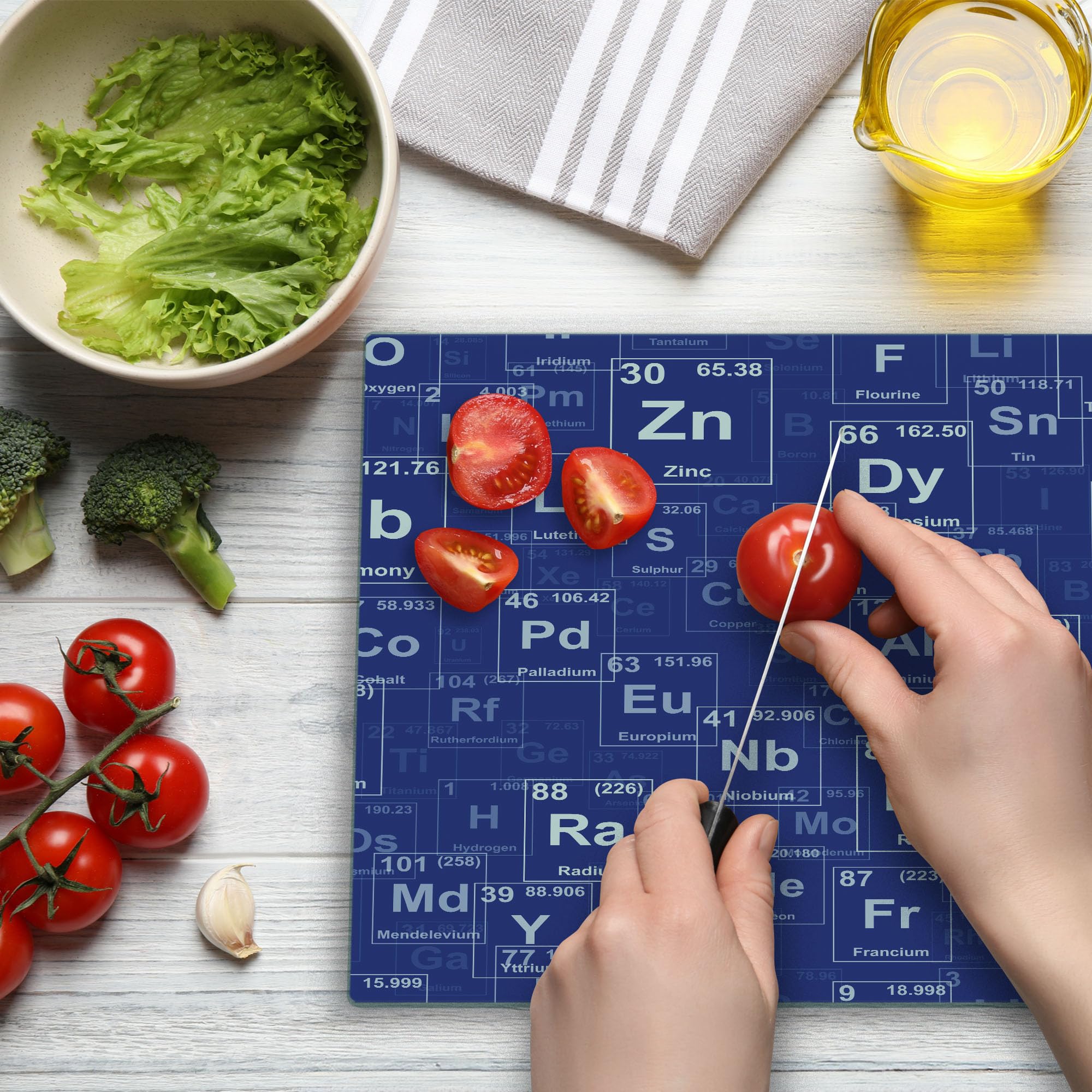 Ambesonne Periodic Table Tempered Glass Cutting Board - Large Chemistry Elements Design for Kitchen & Science Decor - Royal Blue & White - Perfect for Cooking, Serving & STEM Classroom Decorations
