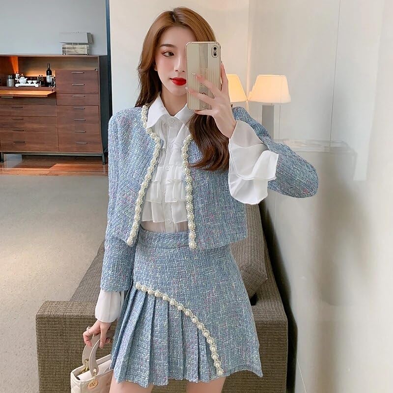 Elegant Women's Autumn Winter 3-Piece Tweed Suit Set - Slim Coat, Skirt & Blouse Outfit for Office, Party & Formal Occasions