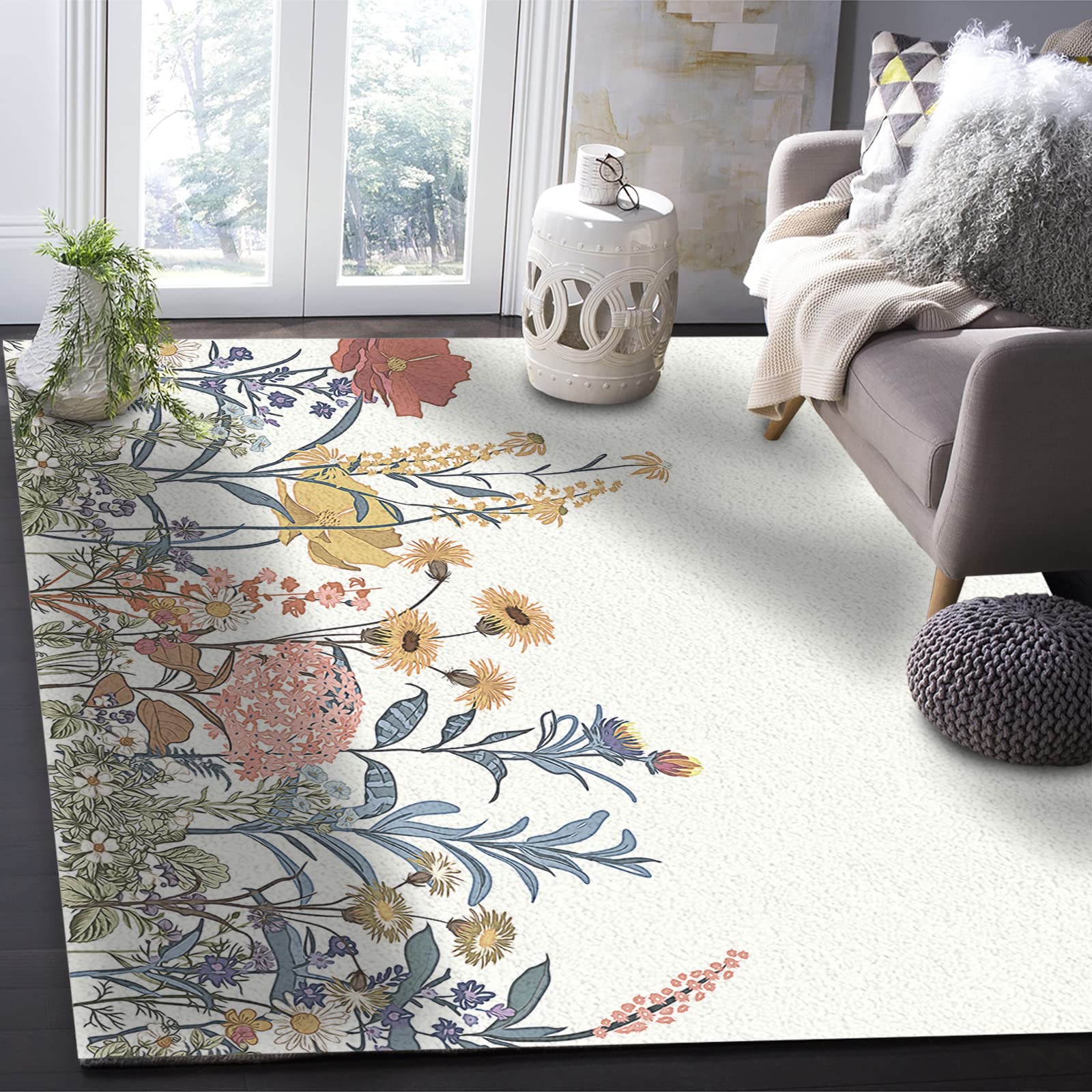 5x8 ft Non-Slip Indoor Area Rug - Wild Flowers Retro Hand-Drawn Botanical Floral Carpet for Living Room, Bedroom, Kids Room & Bathroom Decor | Soft Floor Mat for Home, Nursery & Dormitory