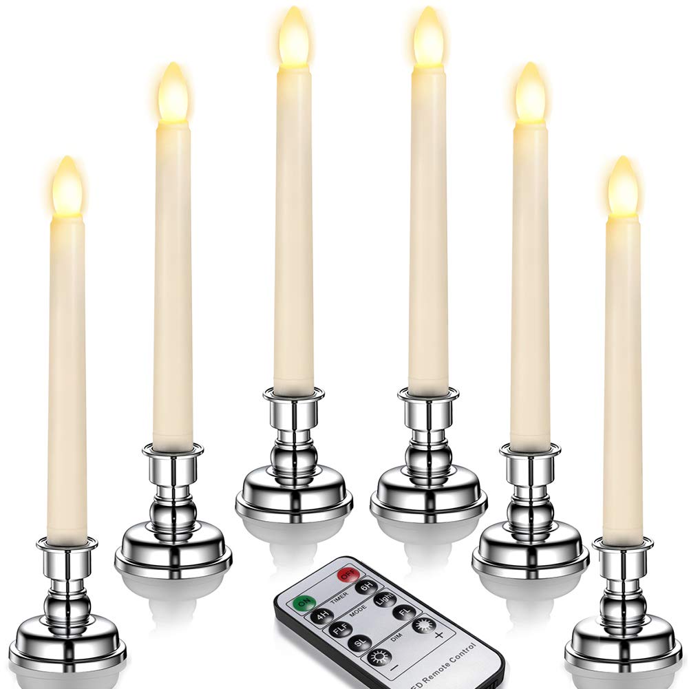 Ymenow LED Taper Candles with Remote - Set of 6 Battery Operated Ivory Flameless Candles with Timer & Flickering Effect - Elegant Candle Holders for Home Decor, Christmas, Weddings & Dinner Parties