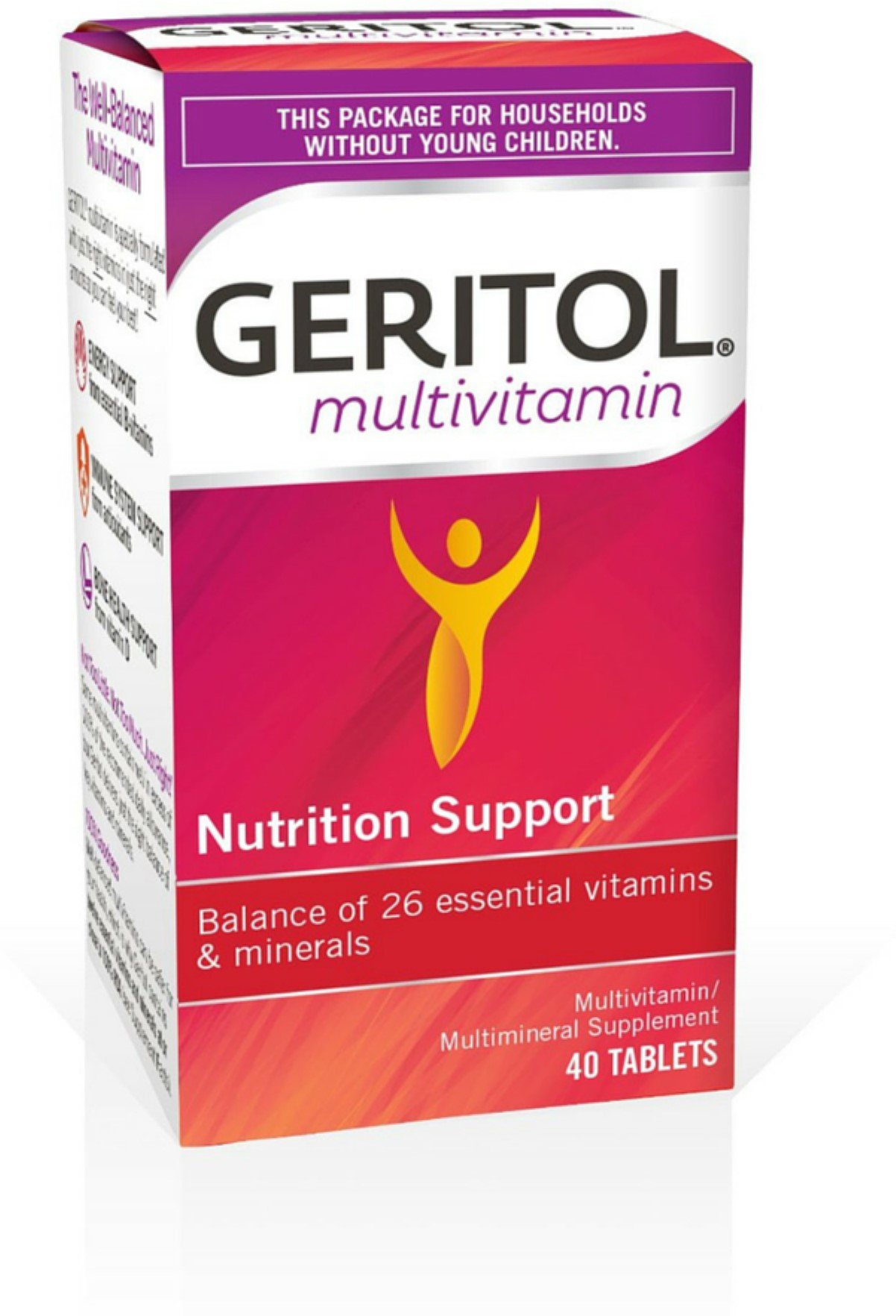 Geritol Multivitamin Supplement with B-Vitamins, Antioxidants, Vitamins C, E & D, Iron - 26 Essential Vitamins & Minerals - Gluten Free, Non-GMO, No Artificial Sweeteners - 40 Tablets - Supports Energy, Immunity & Overall Health for Active Adults