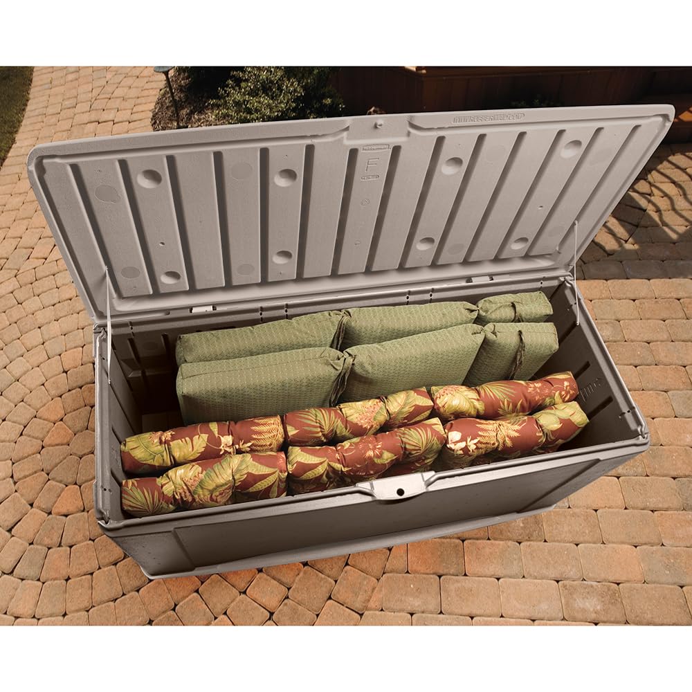 Rubbermaid 120-Gallon Extra Large Resin Outdoor Storage Deck Box with Seat - Weather-Resistant Brown Deck Organizer for Pool Toys, Garden Tools, Patio Cushions & Backyard Accessories - Perfect for Outdoor Storage, Deck Organization & Poolside Convenience