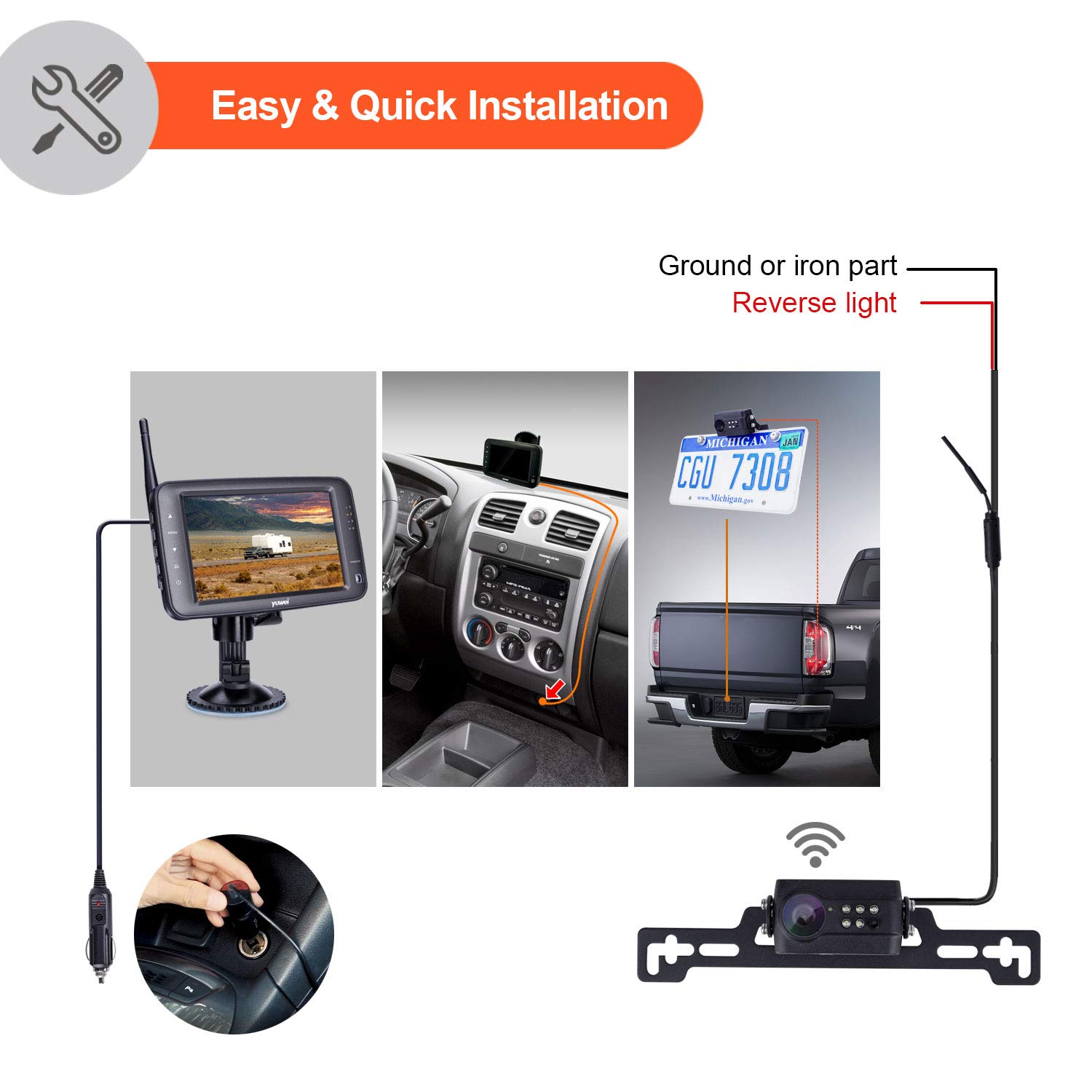 Wireless Backup Camera System - IP69 Waterproof License Plate Rear View Camera with Night Vision & 4.3