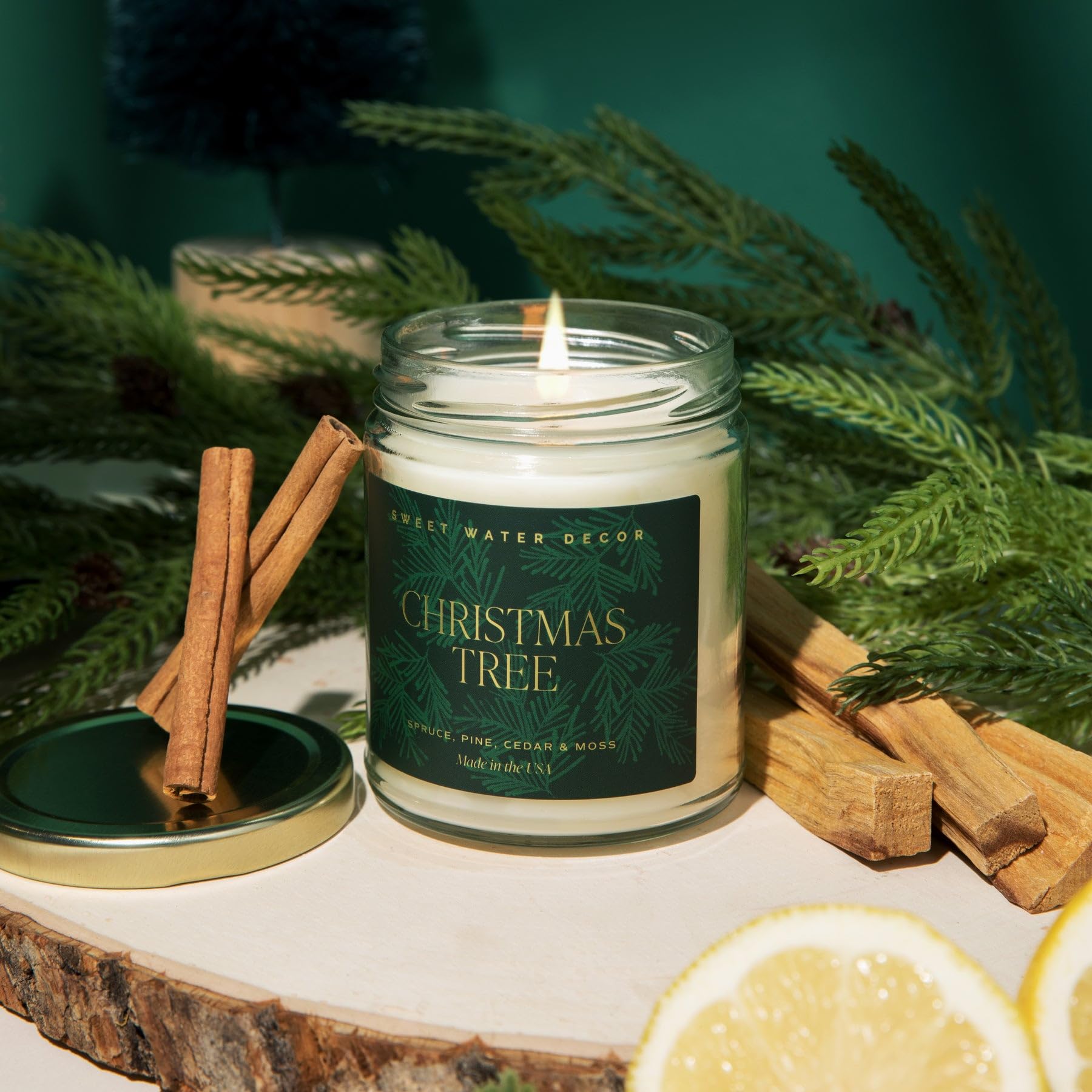 Sweet Water Decor Christmas Tree Scented Soy Candle - Spruce, Pine & Evergreen Aroma in 9oz Clear Jar with Gold Foil | 40-Hour Burn Time | USA-Made | Perfect for Holiday Home Decor, Cozy Winter Evenings & Festive Gift Giving