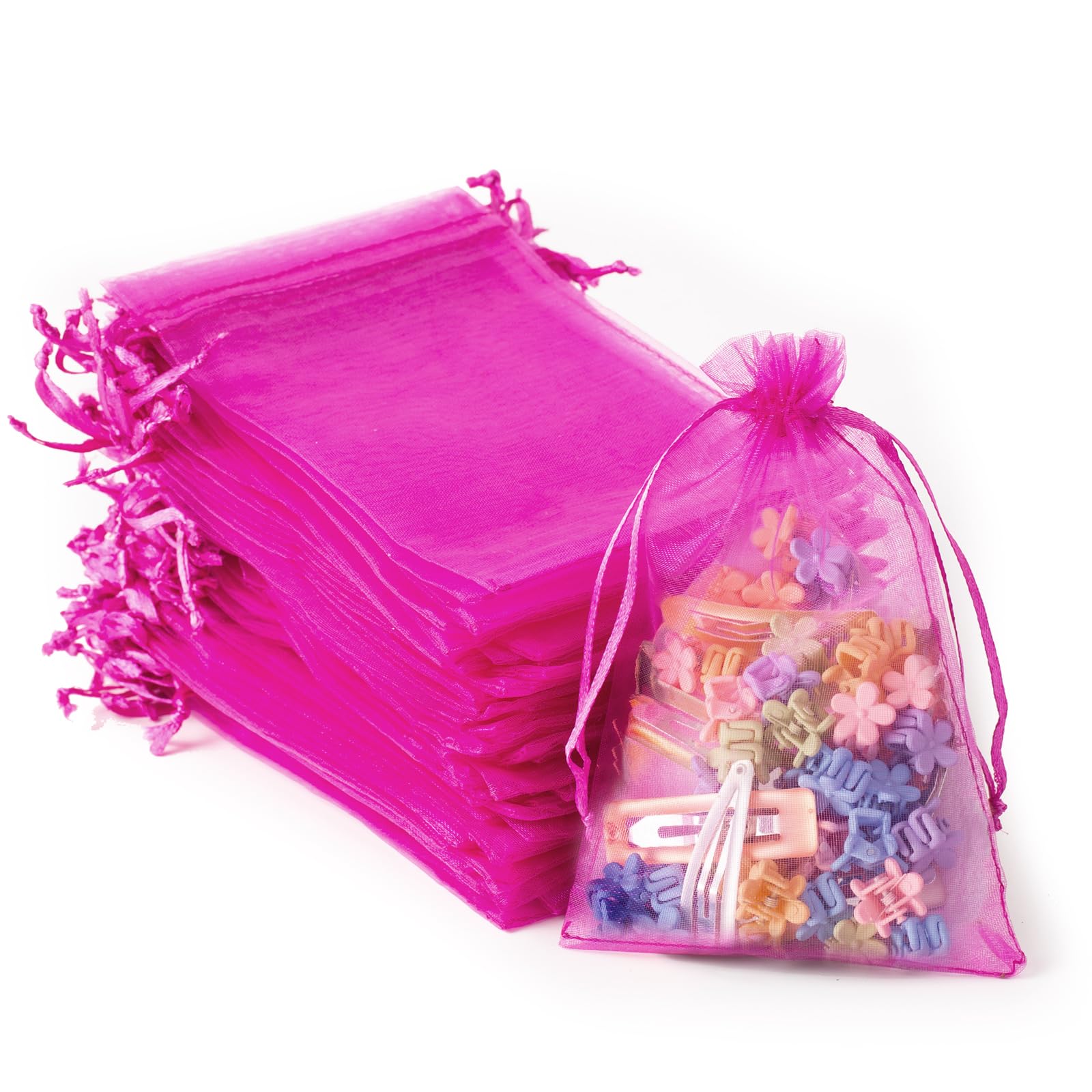 100PCS 4x6 Inches (10x15cm) Small Organza Drawstring Bags - Jewelry Gift Packaging Bags for Valentine's Day, Wedding Favors, Birthday Party, Bridal Shower & Cosmetics Storage - Hot Pink Mesh Favor Bags for DIY Crafts, Gift Wrapping & Party Decorations