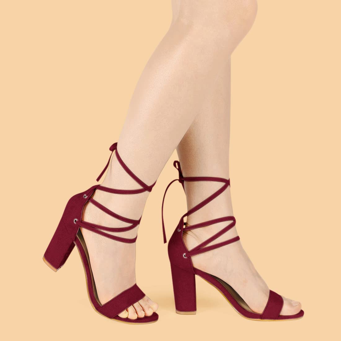 Allegra K Women's Strappy Tie-Up Chunky High Heel Sandals - Comfortable Summer Dress Shoes for Weddings, Parties & Night Out