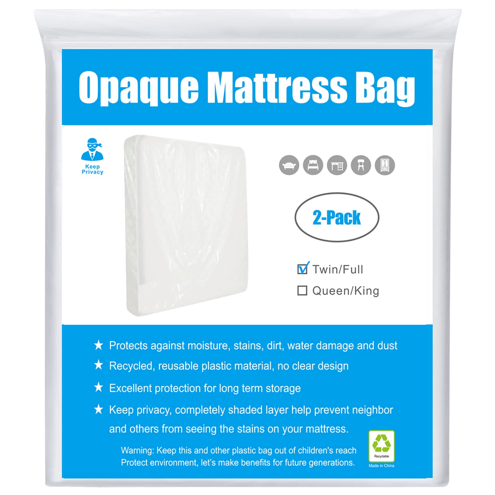 BYSURE 2-Pack 5 Mil Mattress Bags for Moving and Storage - Heavy Duty Opaque White Mattress Covers - Fits Twin/Full Size Beds - Perfect for Home Moving, Storage & Mattress Disposal