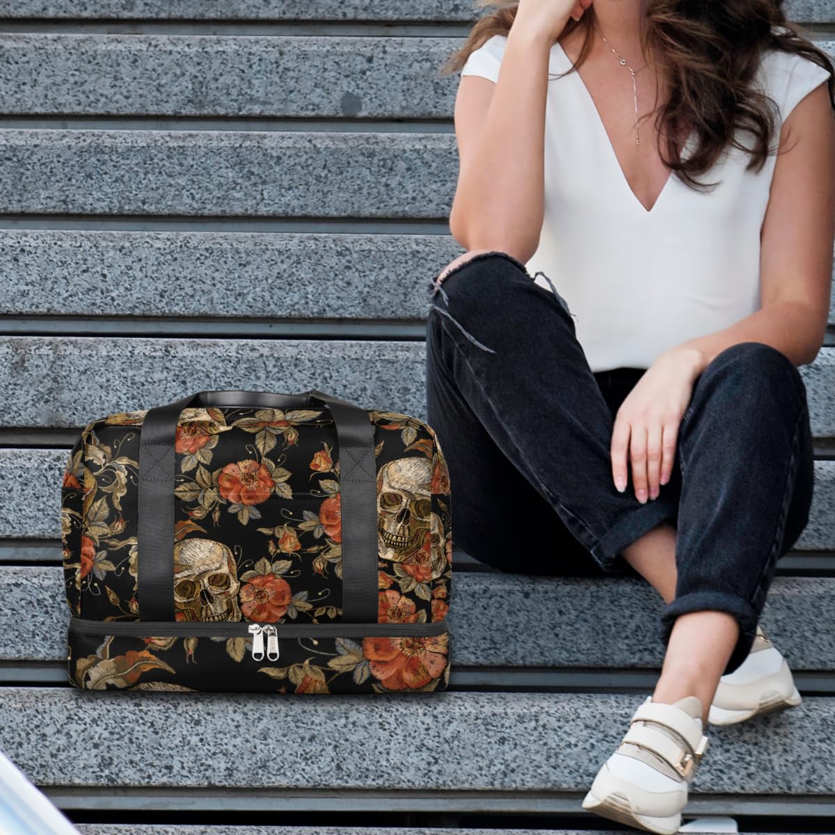 Skull Print Duffel Bag - Skeleton Flower Gym Tote with Wet Pocket & Shoe Compartment - Waterproof Travel Carry On Luggage for Men & Women - Perfect for Gym, Sports, Weekend Trips & Overnight Travel
