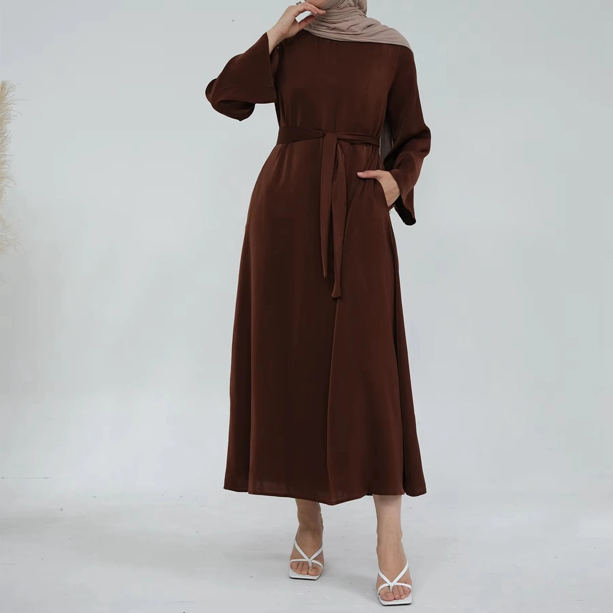 Elegant Muslim Women's Solid Color Satin Abaya Dress with Pocket & Belt - Perfect for Prayer, Eid, and Special Occasions