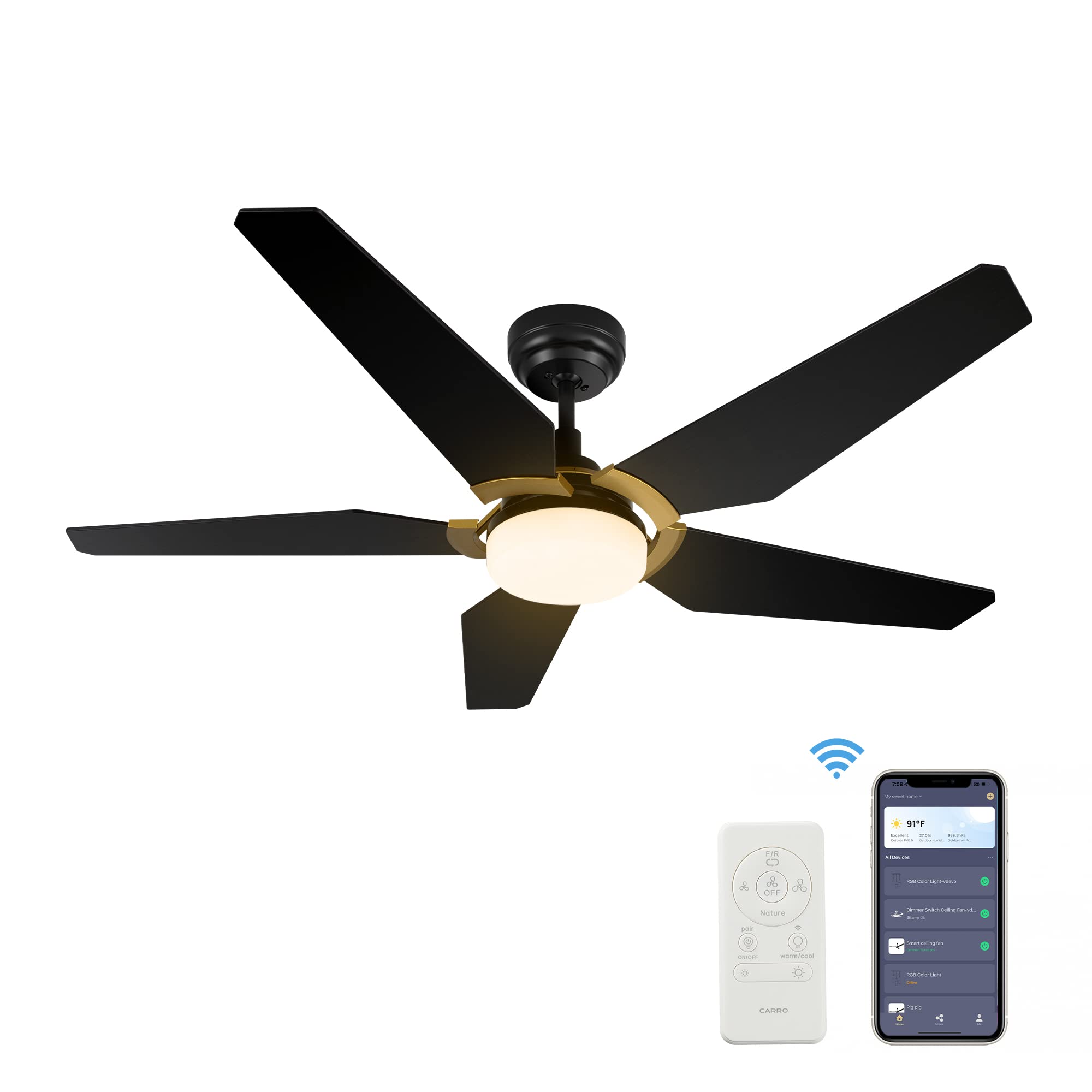 SMAAIR 52 inch Smart Ceiling Fan with Light - 5 Blade Low Profile Flush Mount Fan, 10 Speed Quiet DC Motor & Dimmable LED Light, APP/Alexa/Google Assistant/Siri Voice Control - Perfect for Bedroom, Living Room, Office & Indoor Spaces