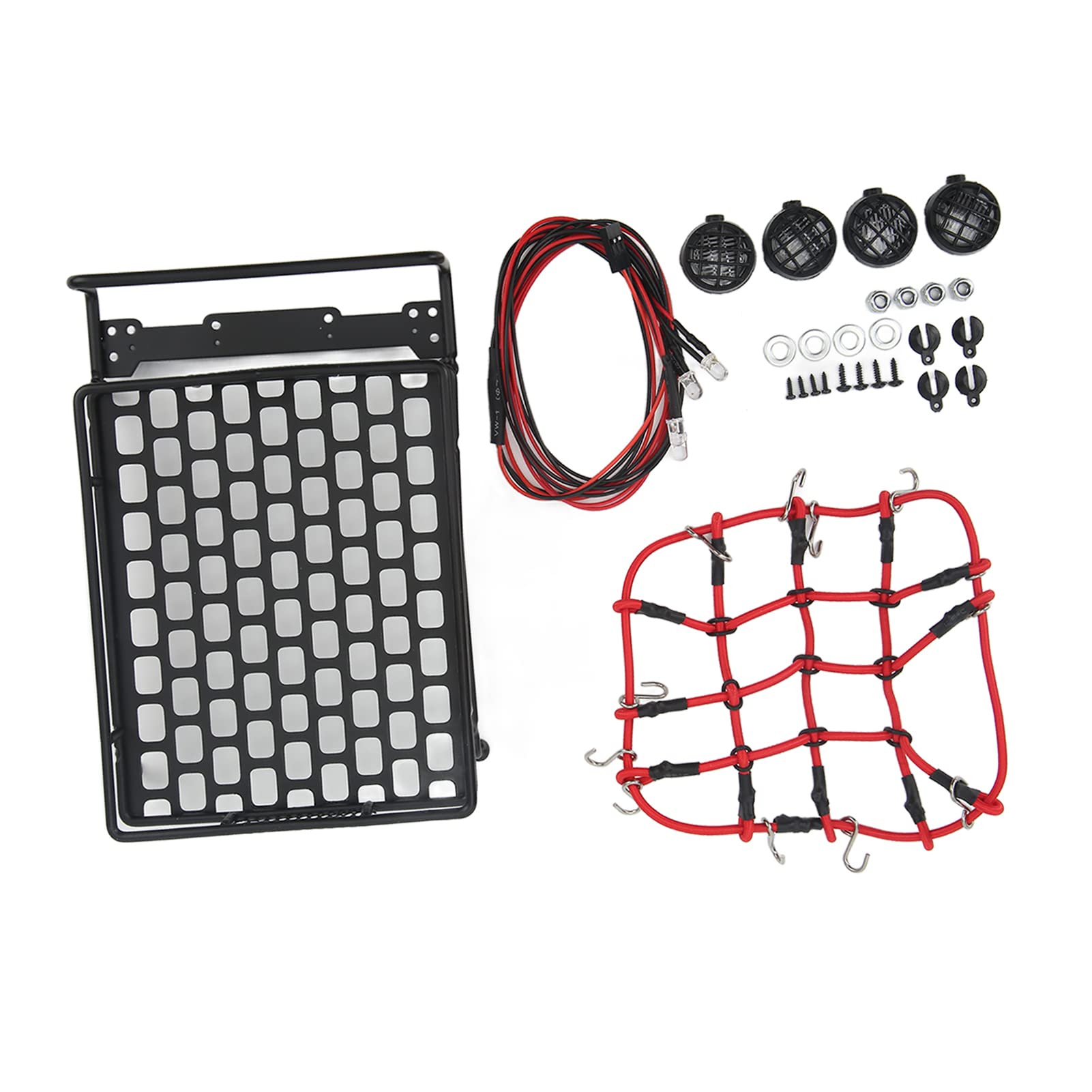 CHICIRIS Universal RC Car Trunk Rack - Detailed Simulation Design, Scratch-Resistant, with LED Lights & Luggage Net - Fits 110 112 114 RC Models - Perfect for Off-Road Adventures & RC Car Storage