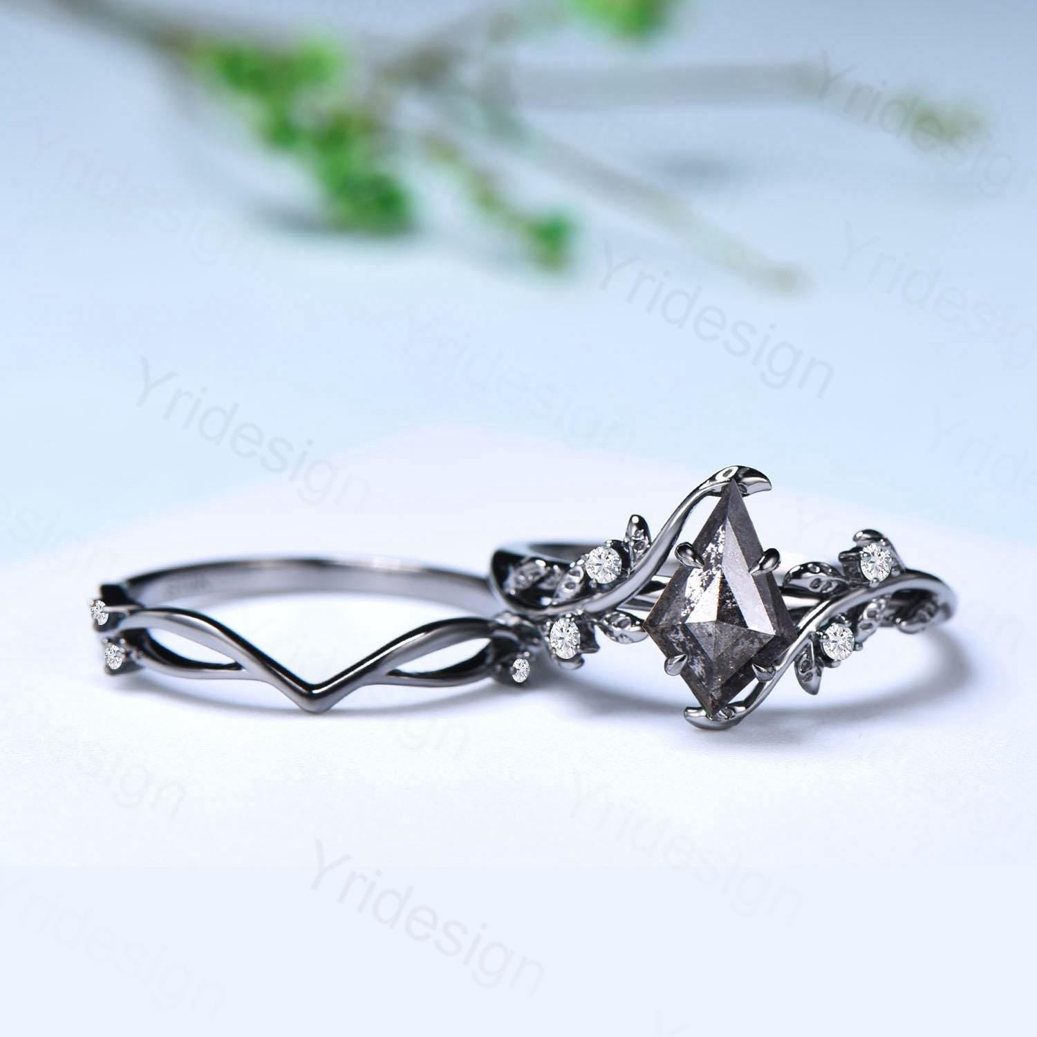 Vintage Kite Cut Salt and Pepper Diamond Engagement Ring - Nature Inspired Leaf Vine Bridal Set for Women | Unique Wedding Jewelry for Brides, Anniversary Gifts, and Romantic Proposals