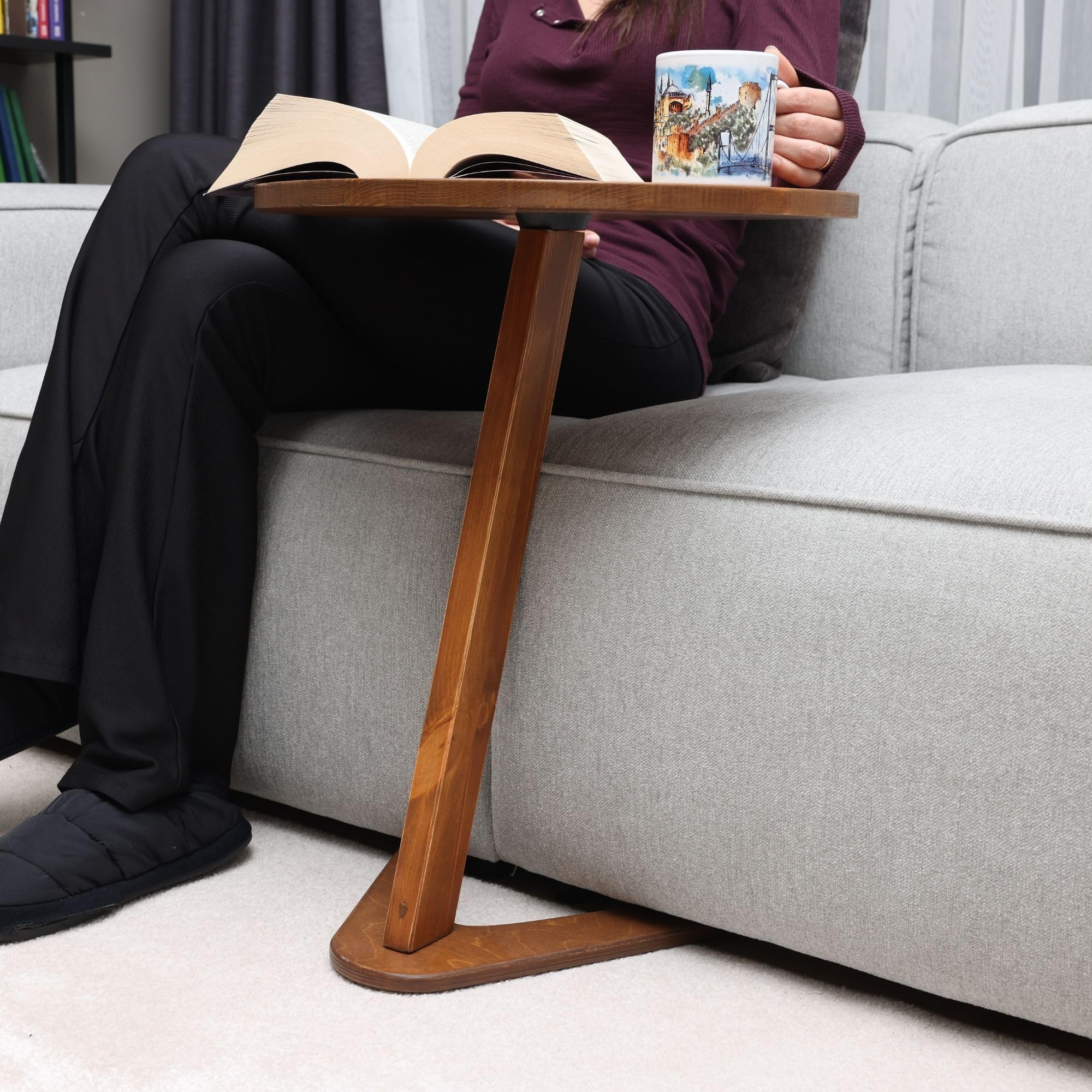 Handmade C-Shaped End Table - Rustic Chestnut Sofa Side Table for Living Room, Sliding Under Couch for Space Saving | Perfect for Small Apartments, Bedside Use & TV Snack Tray