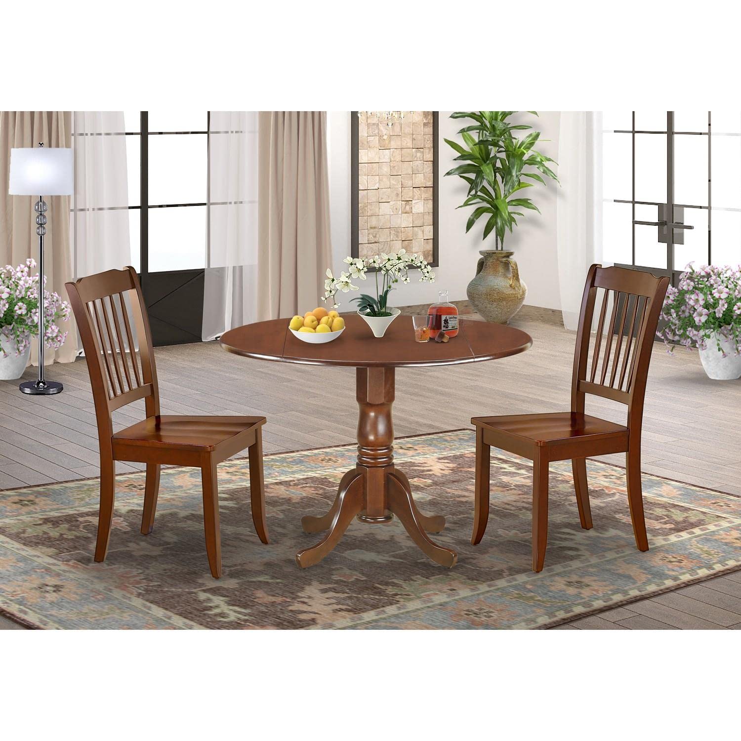 East West Furniture DLDA3-MAH-W 3-Piece Round Drop Leaf Kitchen Table Set with 2 Chairs for Small Spaces, 42x42 Inch, Mahogany - Perfect for Apartments, Breakfast Nooks & Cozy Dining Areas