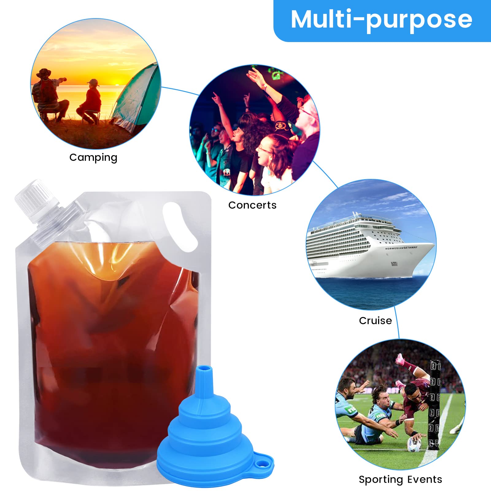Leak-Proof 32 oz Plastic Flask Set with Funnel for Cruise & Travel - 6 Pack Rum Runners | Perfect for Vacations, Beach Trips & Outdoor Adventures
