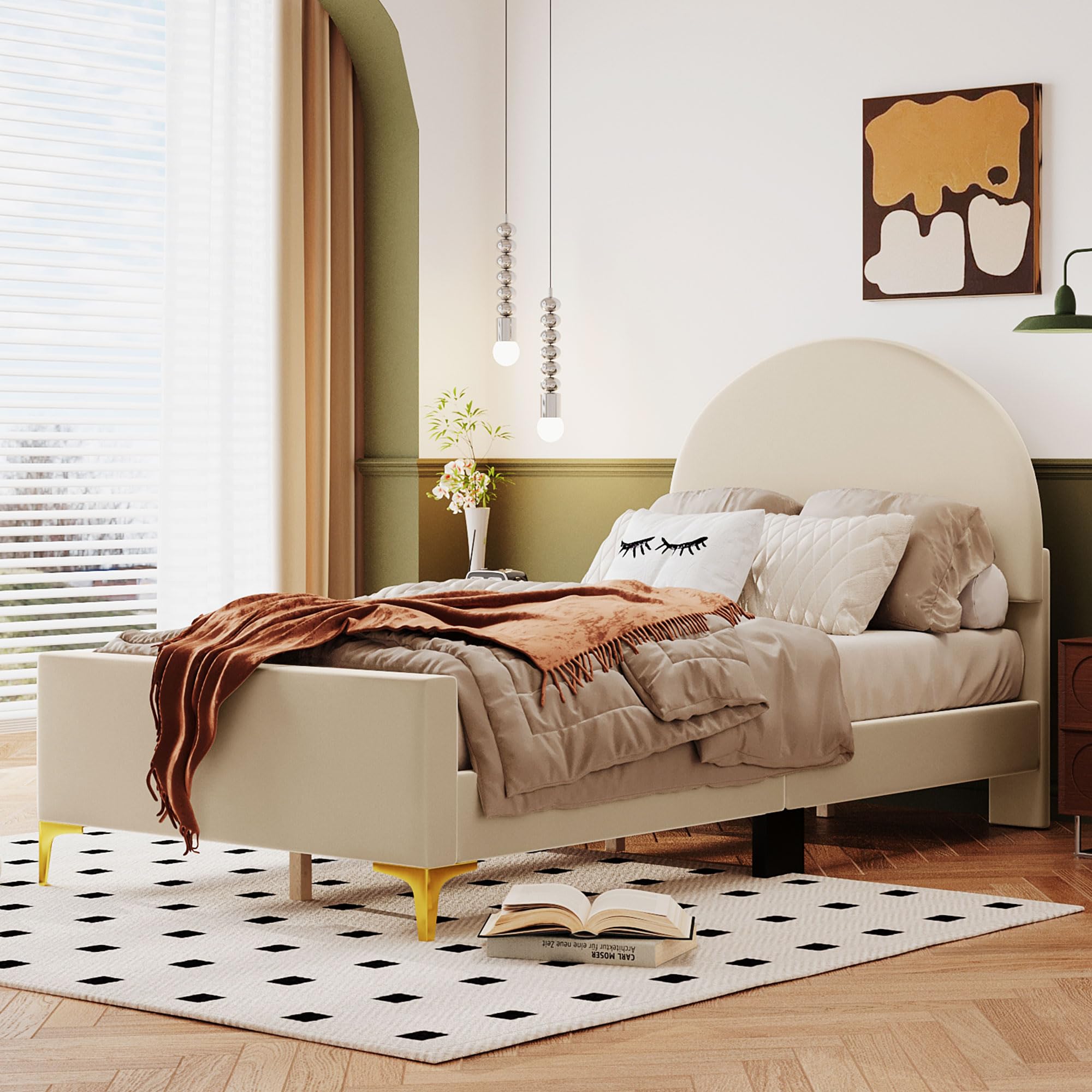 P PURLOVE Twin Upholstered Platform Bed - Modern Velvet Bed Frame with Semi-Circle Headboard & Metal Legs, Sturdy Wood Support for Boys, Girls & Teens (Beige) - Perfect for Bedrooms, Dorms & Guest Rooms