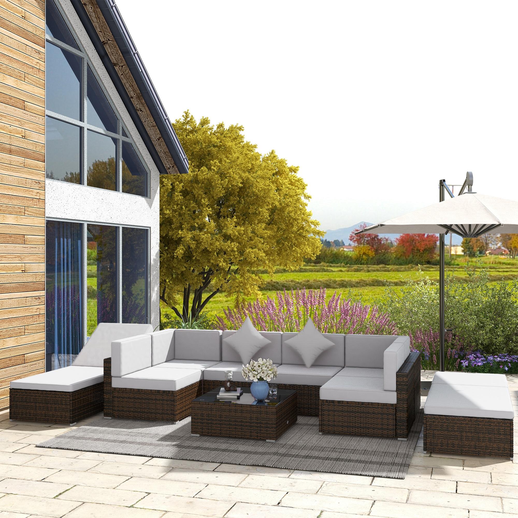 Outsunny 9-Piece Wicker Patio Furniture Set with Cushions - Light Grey Outdoor Dining Set for Garden, Poolside, or Backyard Relaxation