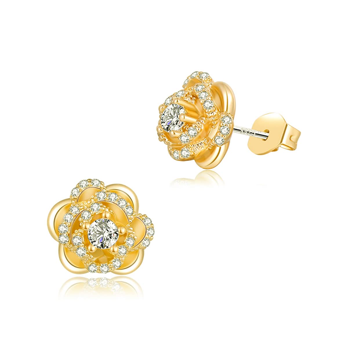 YOMIBOOM 925 Sterling Silver Rose Sky Round Flower Cubic Zirconia Stud Earrings for Women - 14K Gold Plated (White/Gold/Rose Gold) | Hypoallergenic & Nickel Free | Perfect Gift for Birthday, Anniversary & Valentine's Day