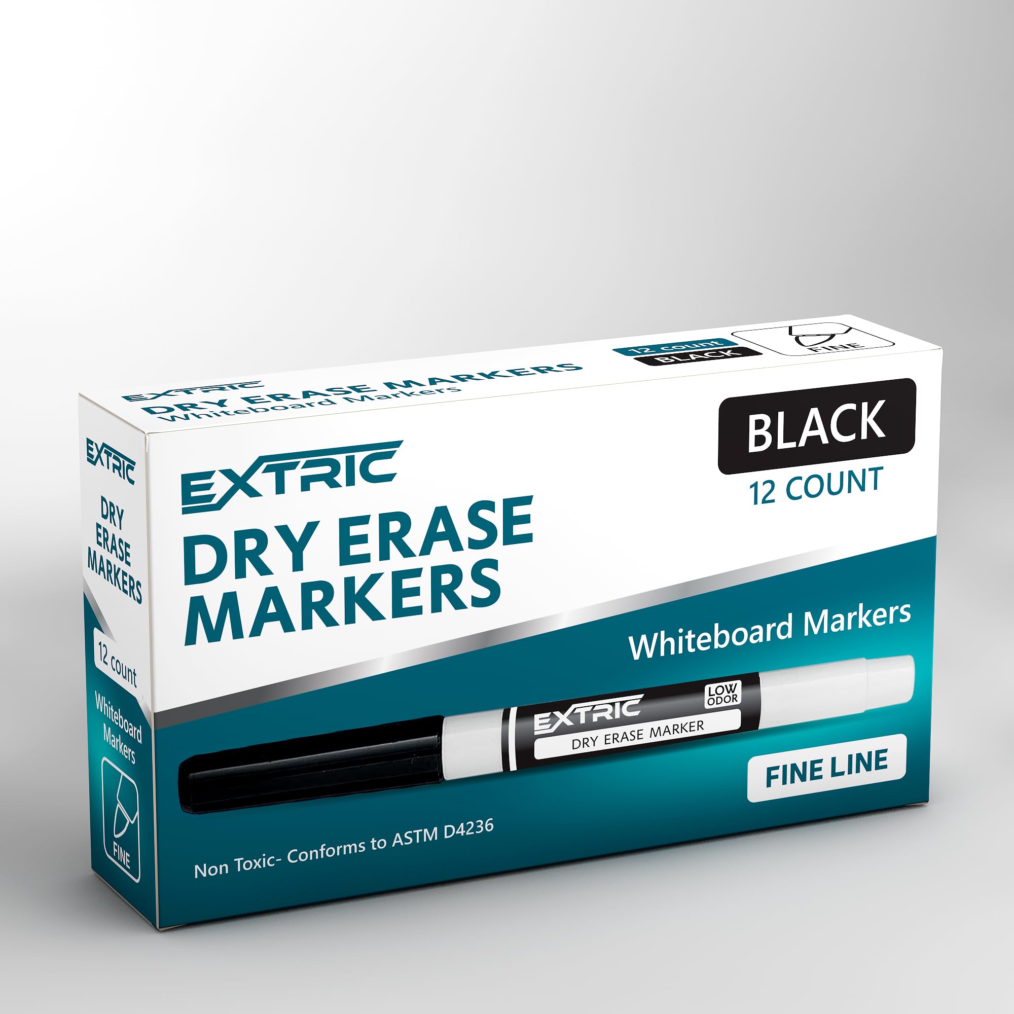 EXTRIC Black Dry Erase Markers Fine Tip - 12 Pack Whiteboard Markers for Kids & Adults - Fine Point Dry Erase Pens for Classroom, Office & Home Use - Ideal for Whiteboards, Glass & Non-Porous Surfaces