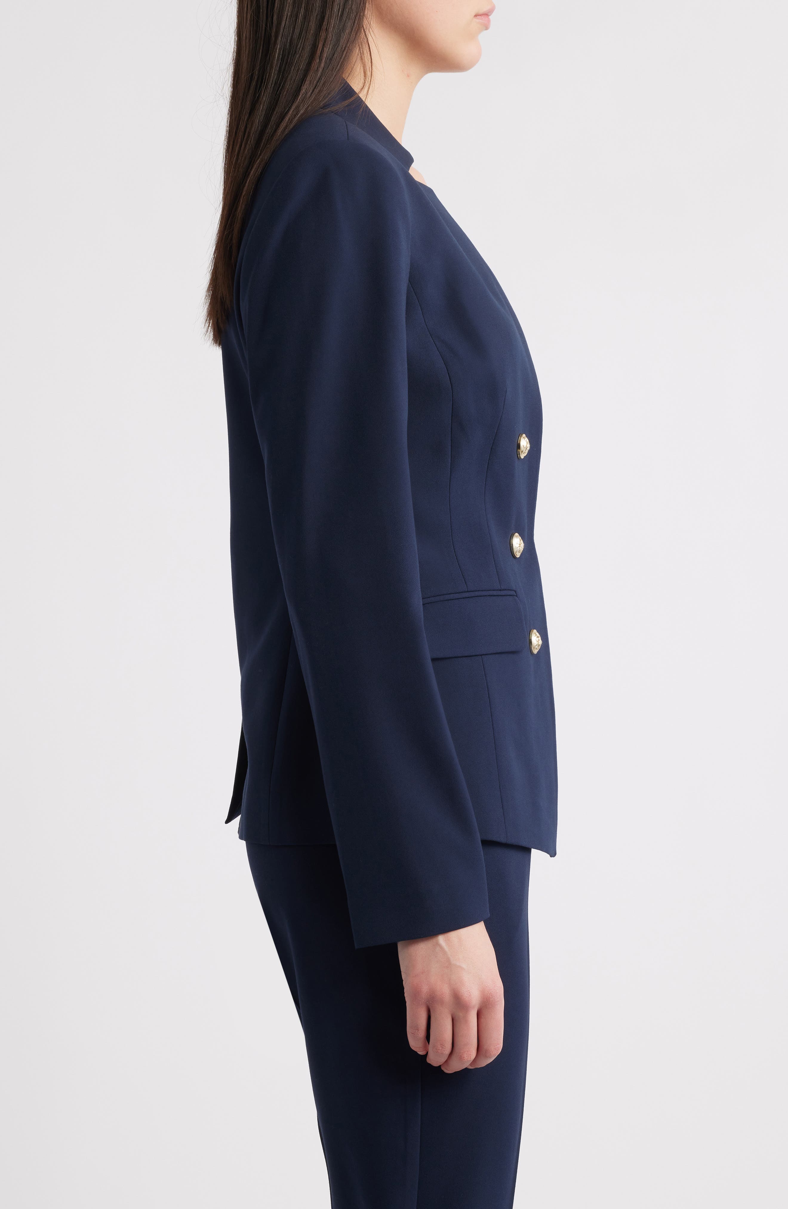 Navy Blue 2-Piece Double Breasted Stand Collar Women's Business Suit Set - Professional Office Wear & Formal Occasions