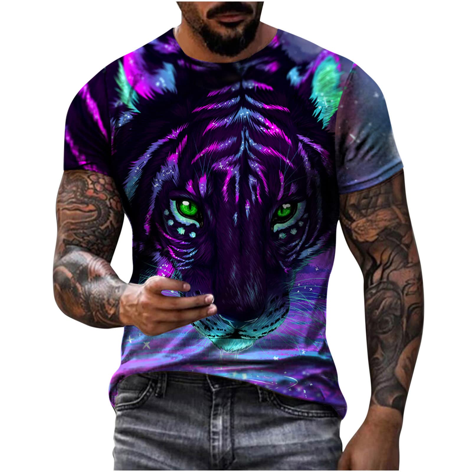 Men's Casual Short Sleeve T-Shirt - Colorful Nature & Cool Animal Graphic Tee, Summer Crewneck Retro 3D Print Shirt for Outdoor Activities & Streetwear Fashion