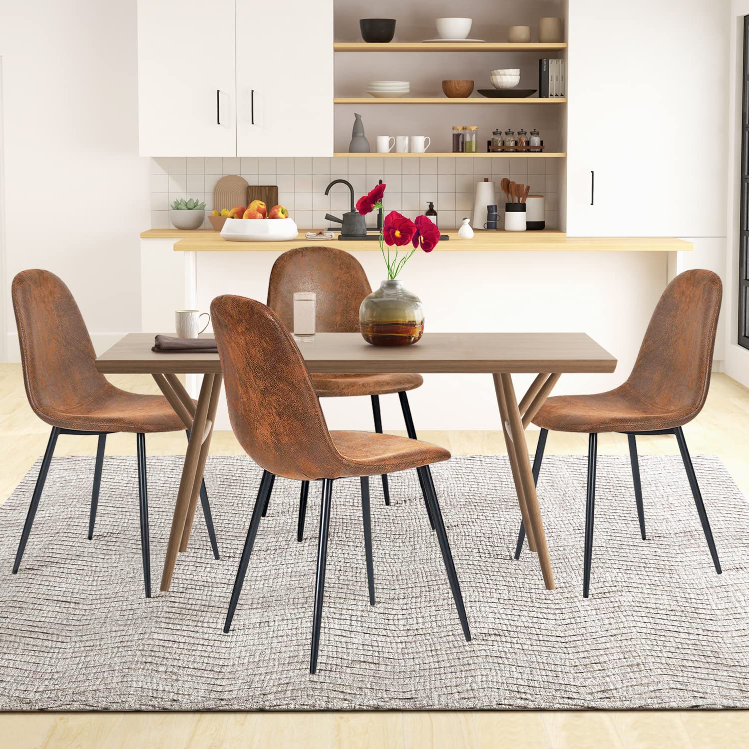 Homy Casa Mid Century Modern Dining Chairs Set of 4 - Dark Brown Upholstered Kitchen & Dining Room Chairs with Black Legs (16.9