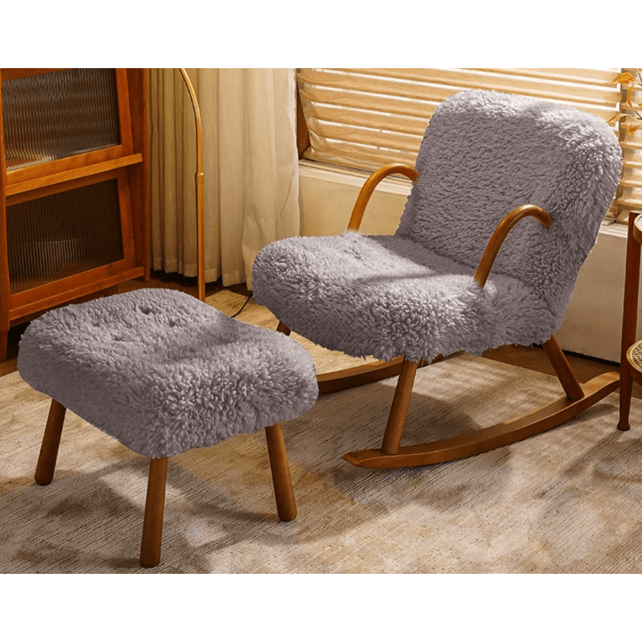 White/Khaki/Gray Boucle Sherpa Upholstered Rocking Chair - Solid Wood Accent Chair in Walnut Finish | Perfect for Living Room, Nursery & Cozy Reading Nook