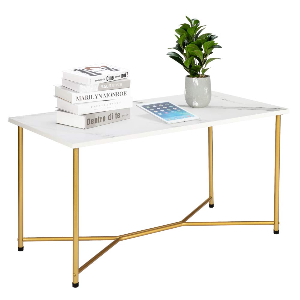 SHUISHUI White Square Coffee Table - 1.5cm Thick High-Density Marble Pattern Top with Gold Metal Legs | Perfect for Living Room, Office, or Small Space Decor