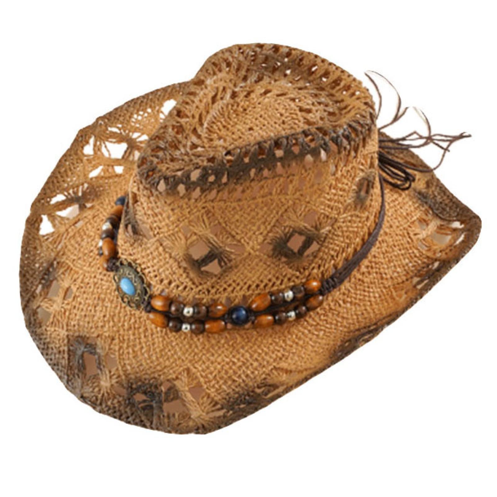 Stylish Cowboy Straw Hat with Beaded Tassel Belt - Western Sun Hat for Men & Women - Perfect for Beach Vacations, Summer Outings & Jazz Festivals