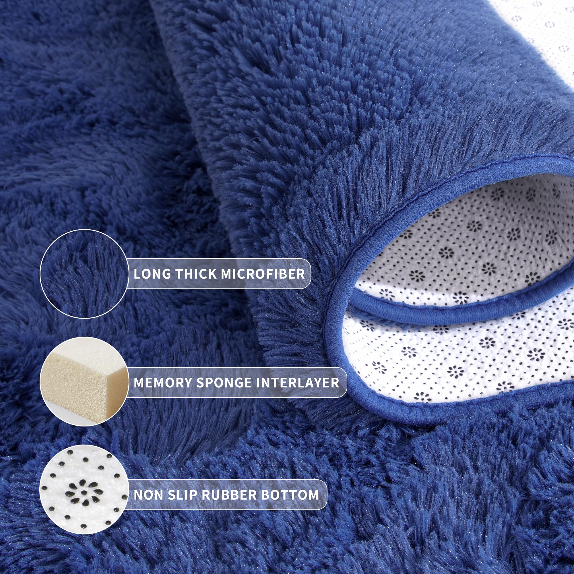 Tepook Modern Shaggy Rug 6x9 Feet - Soft Velvet High Pile Fluffy Area Rug, Light Navy Blue, Machine Washable Stain Resistant Indoor Carpet for Living Room, Bedroom, Nursery & Home Decor