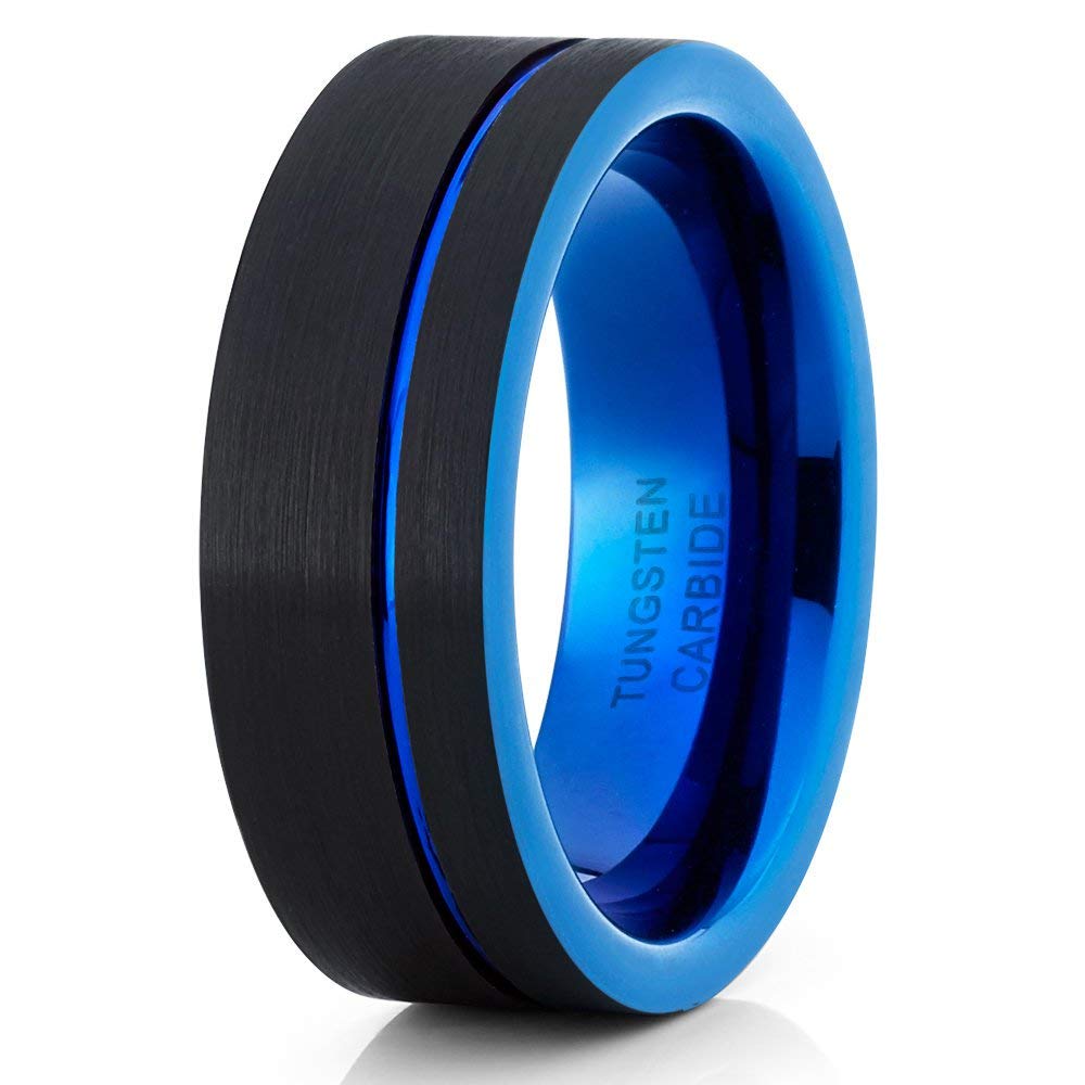 Blue & Black Tungsten Wedding Ring for Men - 8mm Comfort Fit Band, Anniversary & Engagement Ring, Durable Black Brush Finish - Perfect for Weddings, Proposals & Everyday Wear