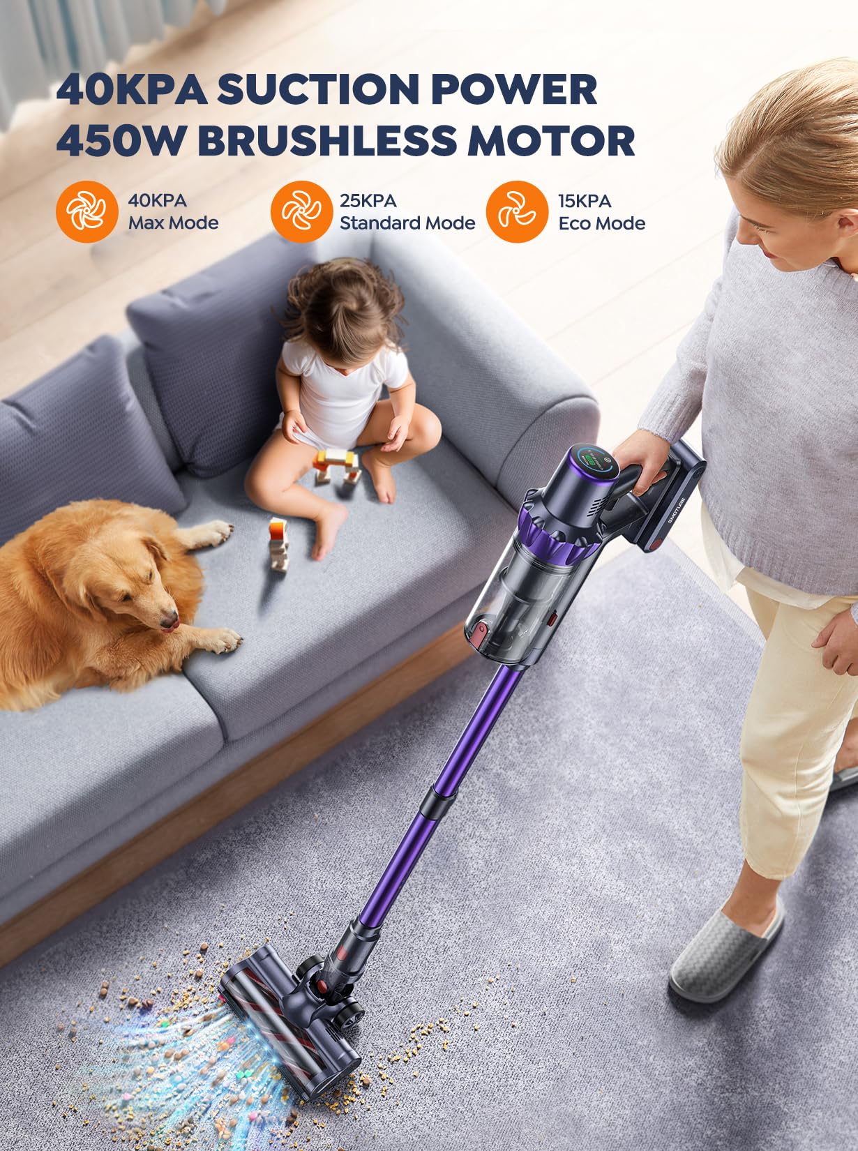 Powerful Cordless Vacuum Cleaner with 2 Batteries - 110 Mins Runtime, 40KPA 450W Stick Vacuum for Home Cleaning | Brushless Motor & Auto Suction Adjustment | Handheld for Pet Hair, Carpet & Hard Floors | Perfect for Quick Cleanups & Deep Cleaning Sessions