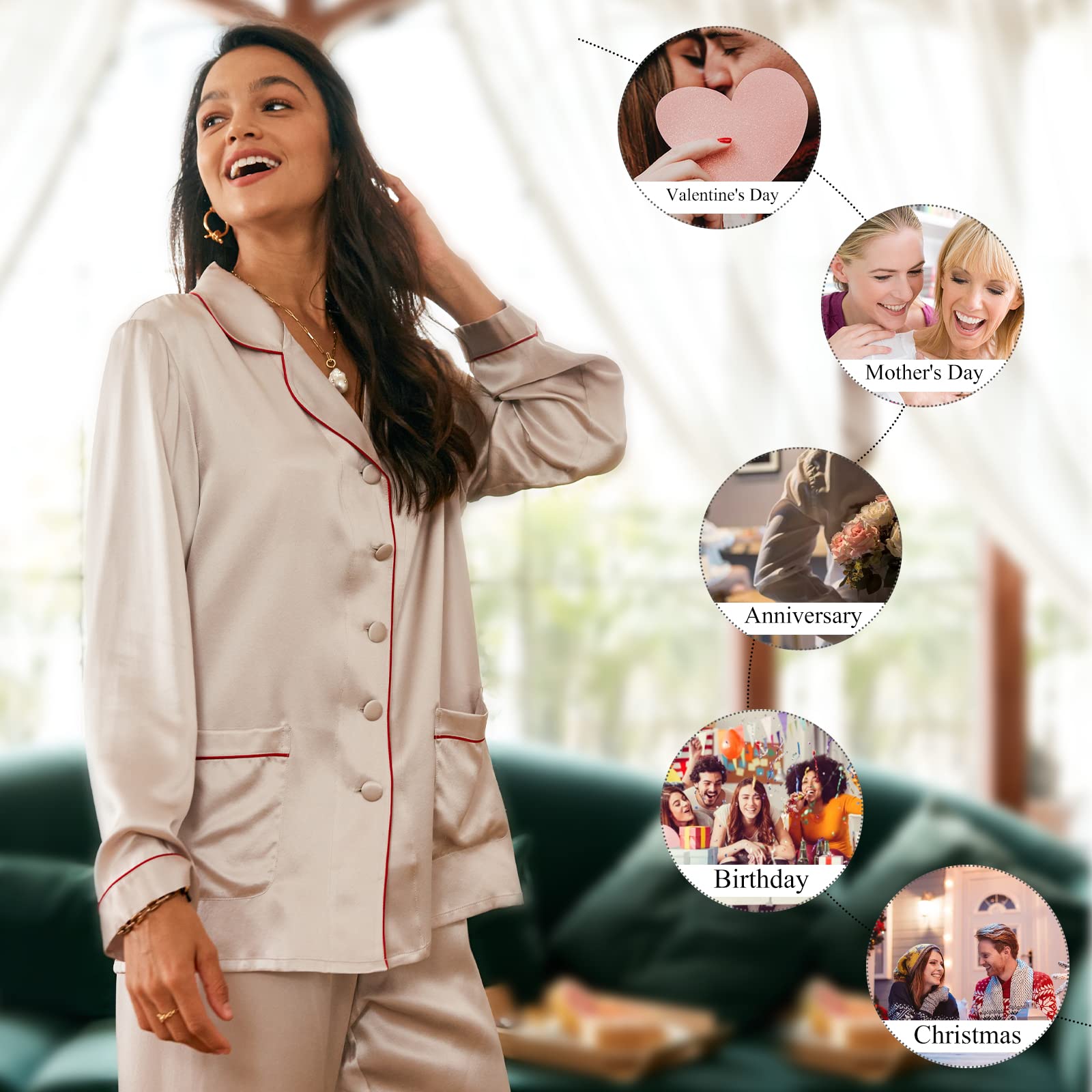 Luxury Women's 100% Mulberry Silk Pajama Set - Slim Fit Long Sleeve Sleepwear & Loungewear - 22 Momme Classic Silk Pajamas for Women - Perfect for Sleep, Relaxation & Bridal Nightwear