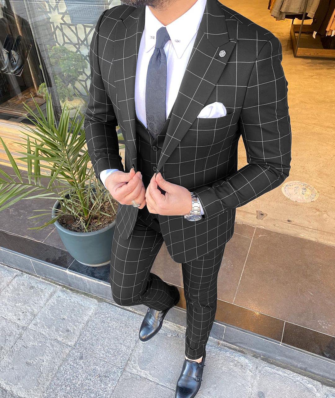 Men's Slim Fit Single Breasted Plaid 3-Piece Wedding Suit Set - Blazer, Vest & Pants for Groomsmen, Business & Formal Occasions