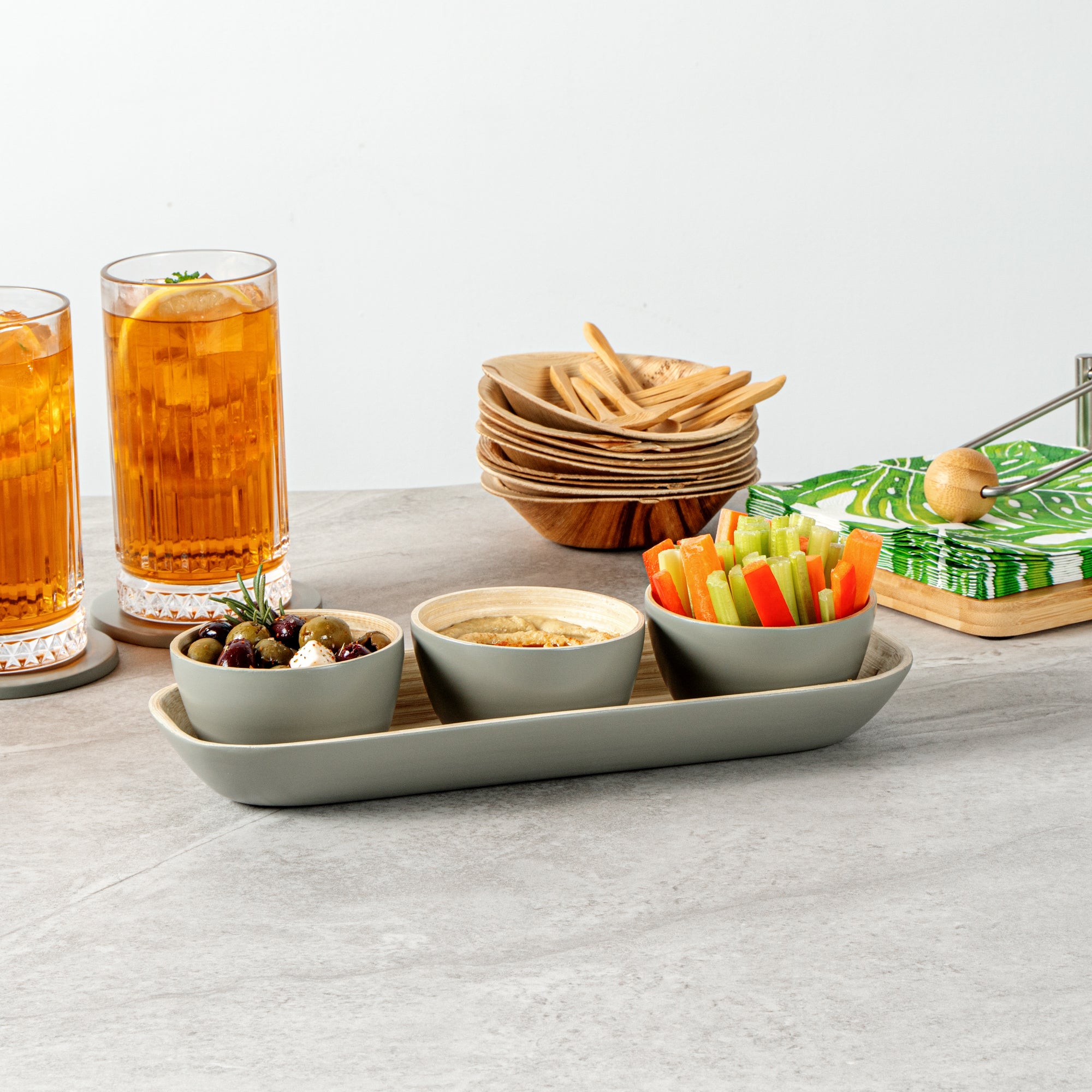 Eco-Friendly Bamboo Bowl Set with Tray - 3 Gray Bamboo Bowls (11.75