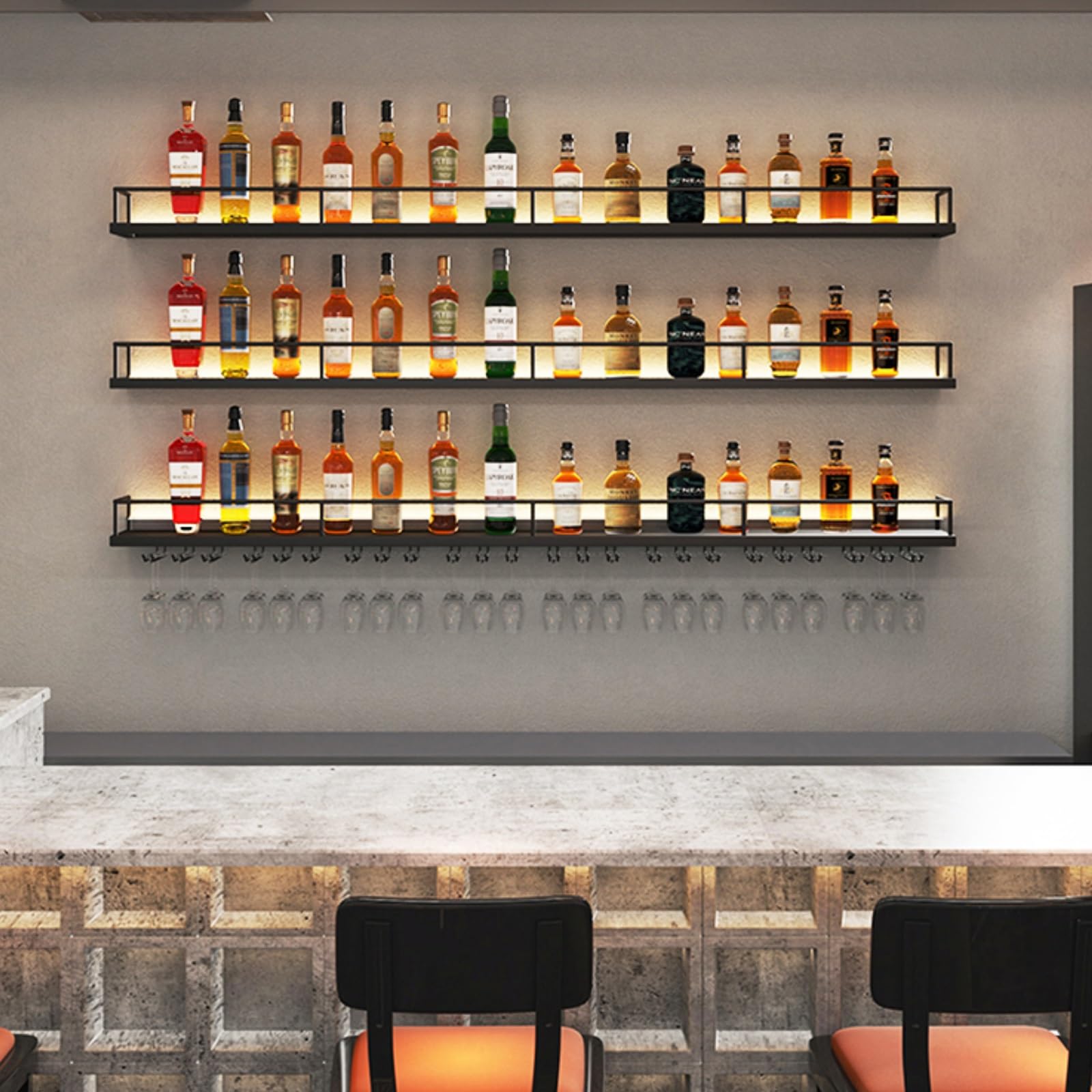 Simple Home Wall Mounted Metal Bar Shelf for Liquor - Iron Wine Shelf with Glass Rack - Perfect for Living Room, Bar, Kitchen & Restaurant (Black)