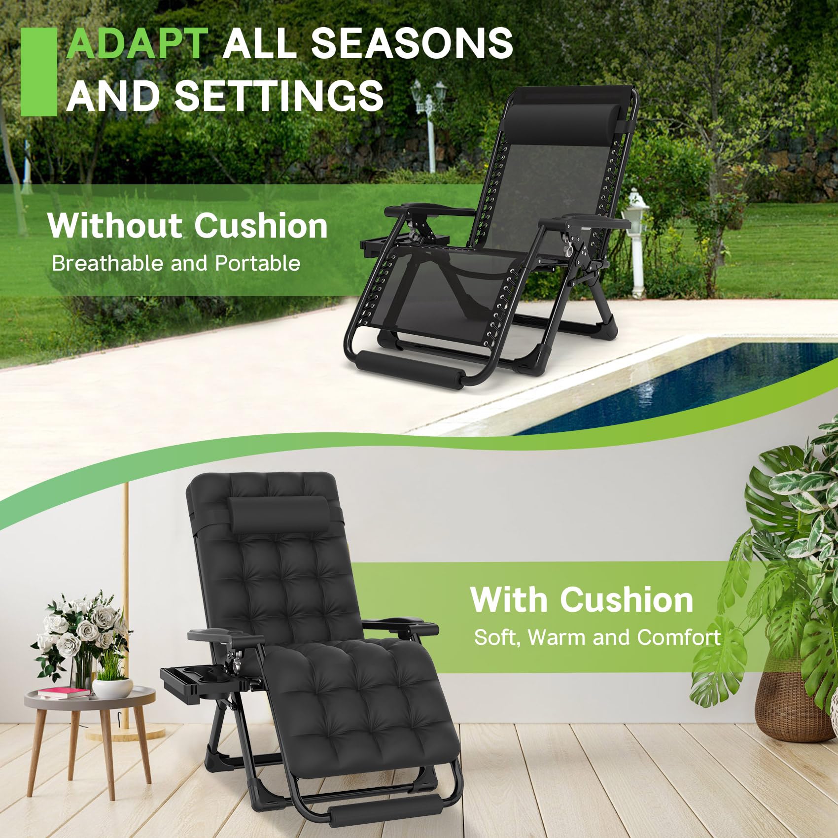 ZENPETIO 29In XL Zero Gravity Chair with Cushion - Heavy Duty 440LBS Capacity Reclining Lounge Chair for Indoor, Outdoor, Patio, Lawn, Camping & Backyard - Includes Cup Holder & Footrest - Perfect for Relaxation, Sunbathing and Reading