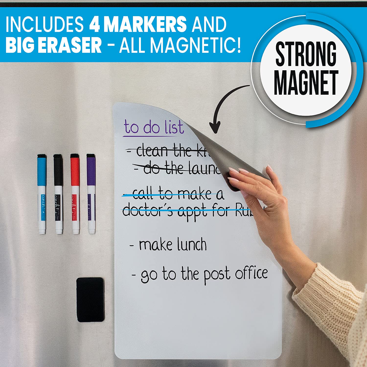 Magnetic Dry Erase Whiteboard Sheet for Refrigerator - 16x11 Stain Resistant Kitchen Whiteboard with 4 Markers & Eraser - Perfect for Grocery Lists, Meal Planning & Family Messages