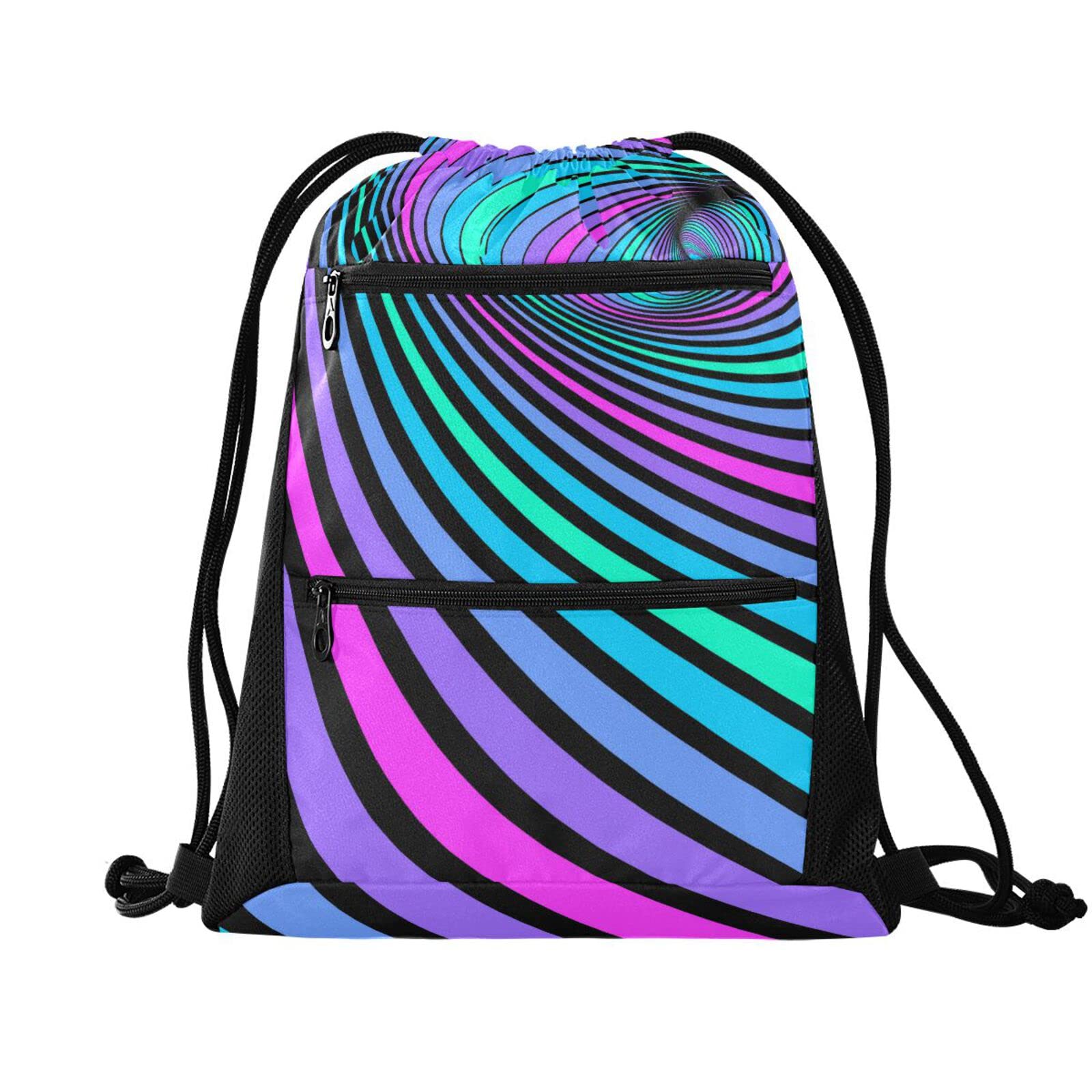 Lightweight Gym Drawstring Backpack - Sports Training Sack with Zipper Pocket - Spiral Psychedelic Design - Perfect for Workouts, Running & Travel