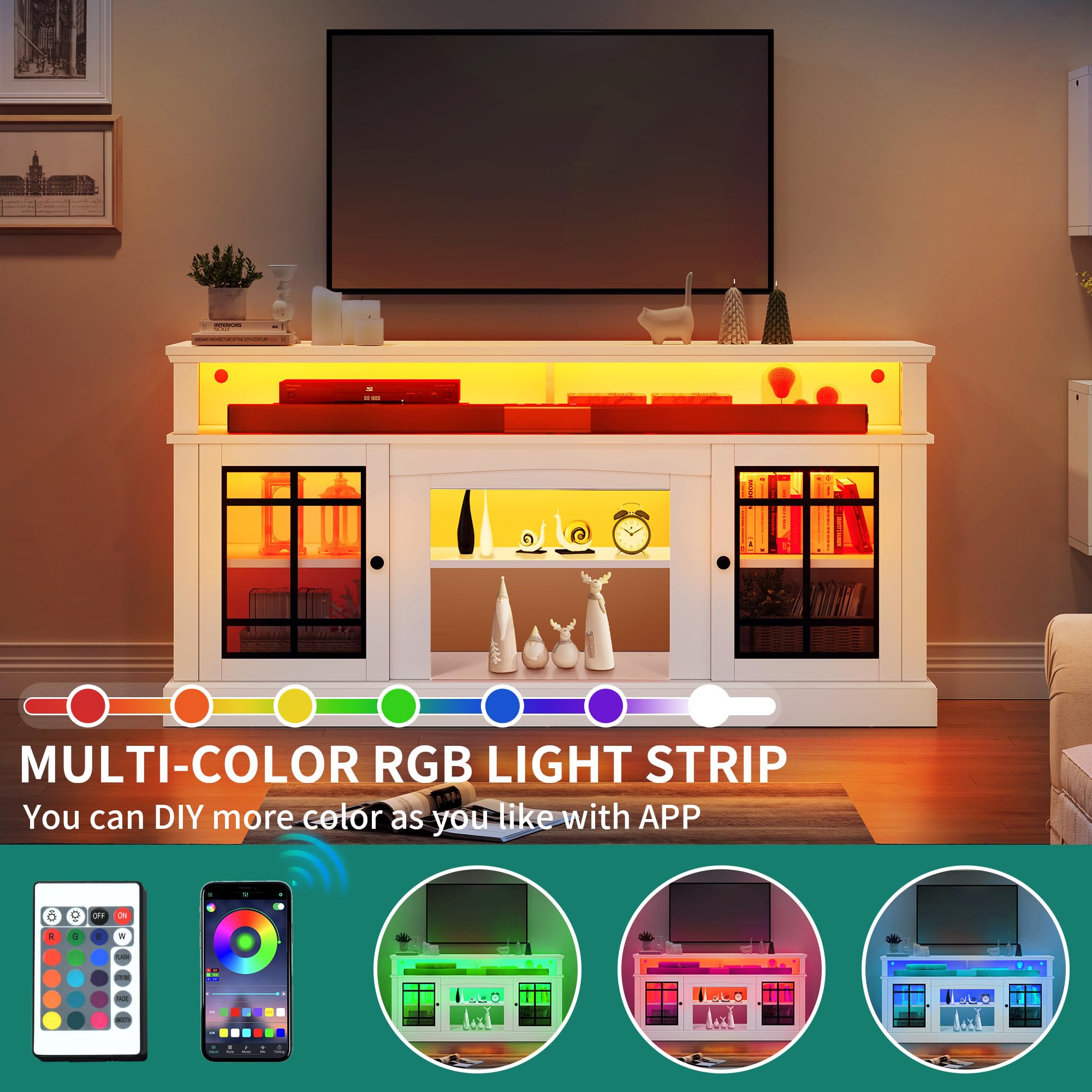Modern White TV Stand for 75 Inch TVs - Adjustable Shelves & Glass Doors LED Entertainment Center, 32
